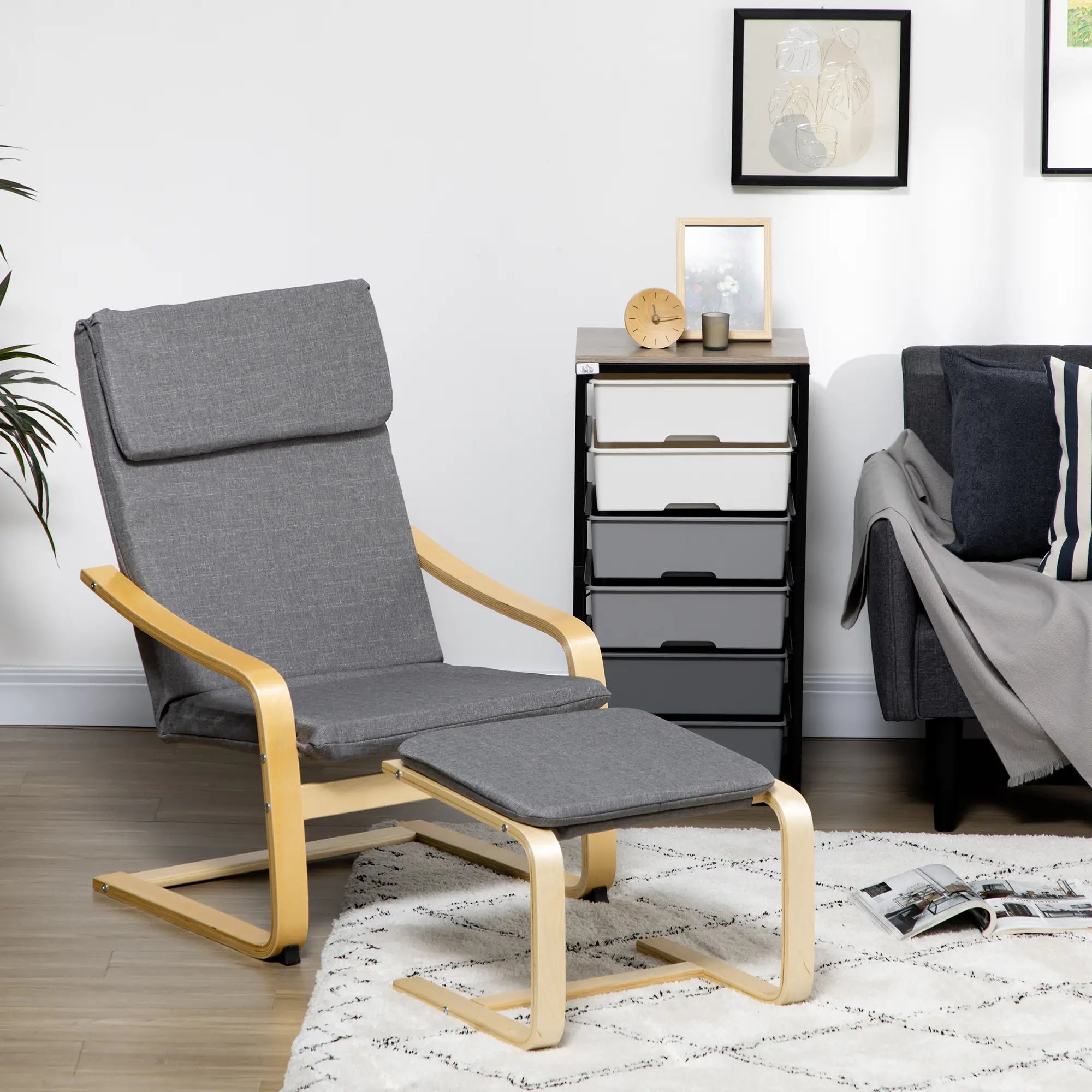 HOMCOM Relaxsessel mit Fußhocker, Leinenbezug Grau, 66,5×80×99 cm