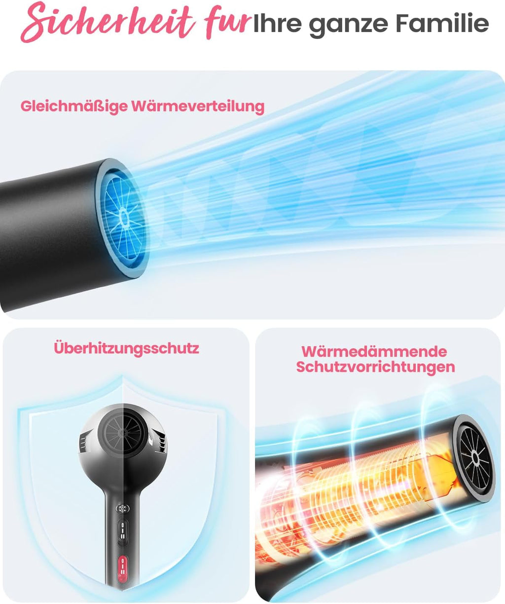 Dekuri Föhn Ionen, Profi Fön Haartrockner Hair Dryer Haarföhn mit 1 Diffusor 2 Stylingdüse, 3 Heiz und 2 Geschwindigkeitsstufen, 2,5 Meter langes Netzkabel, Starker Fön für Familie (Schwarz)
