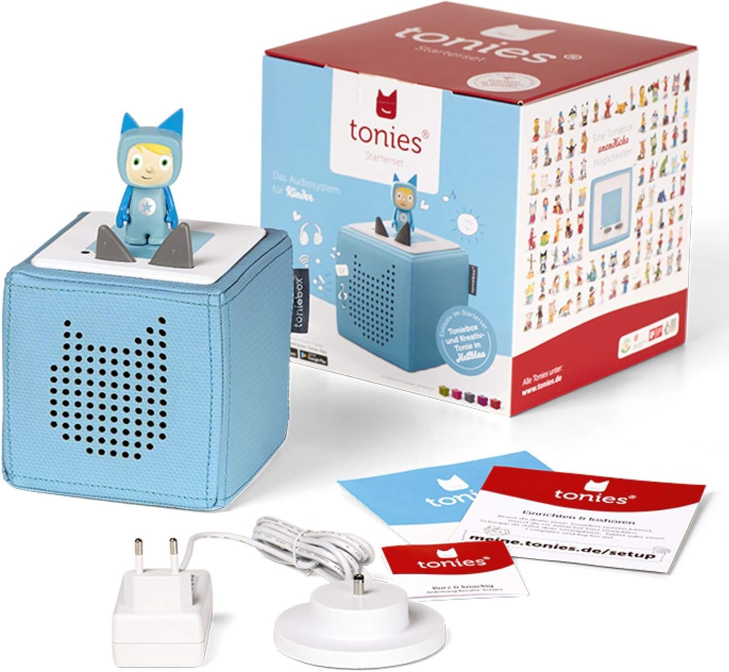 Toniebox Extrapack – Toniebox Starterset Blu con Tonie creativo + 4 statuette sonore Disney Eroi Animali, Audioplayer per audiolibri e canzoni, Musicbox wireless con audiolibro Disney