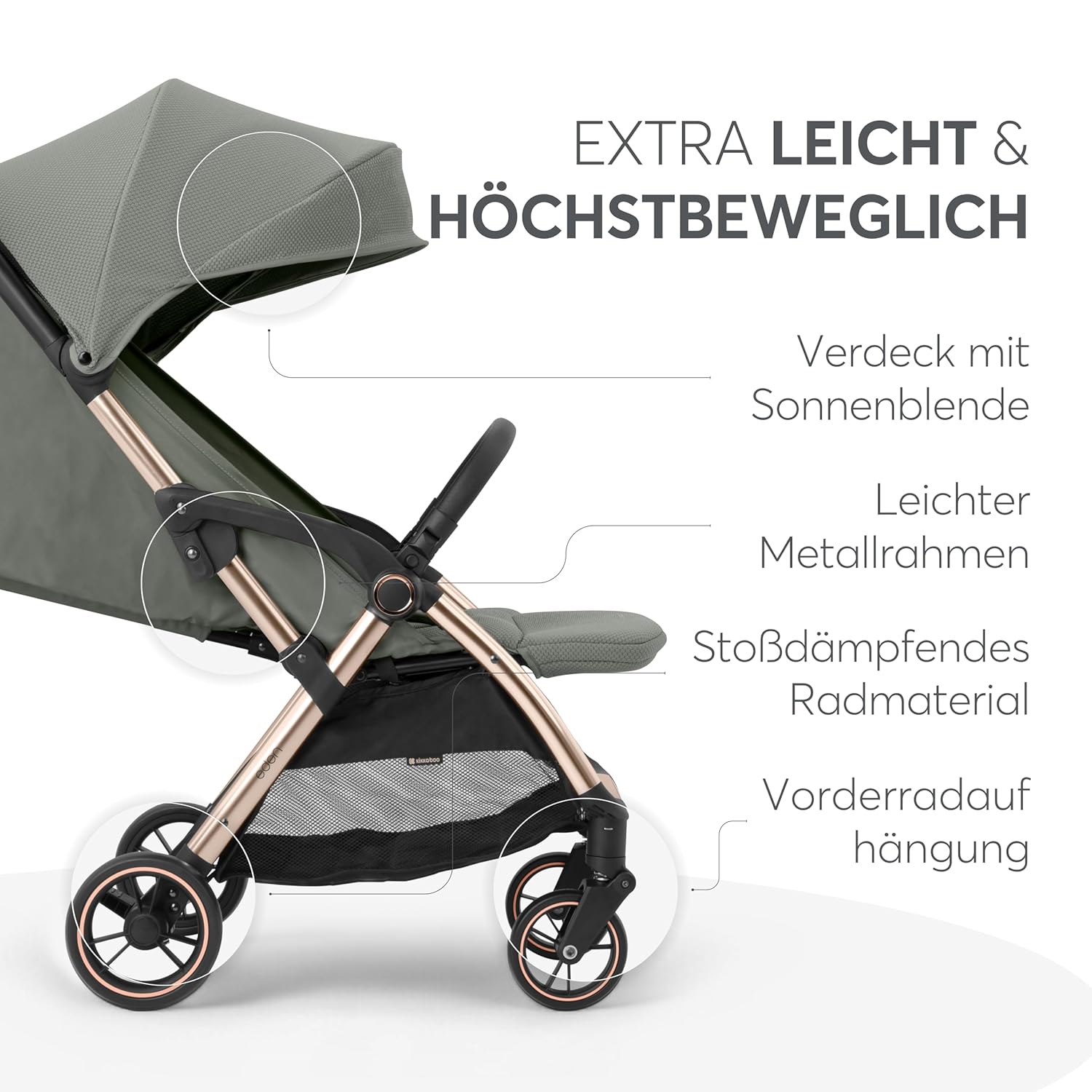 KikkaBoo EDEN Passeggino, passeggino fino a 22 kg, chiusura automatica, posizione reclinata, ultraleggero, compatto, nero