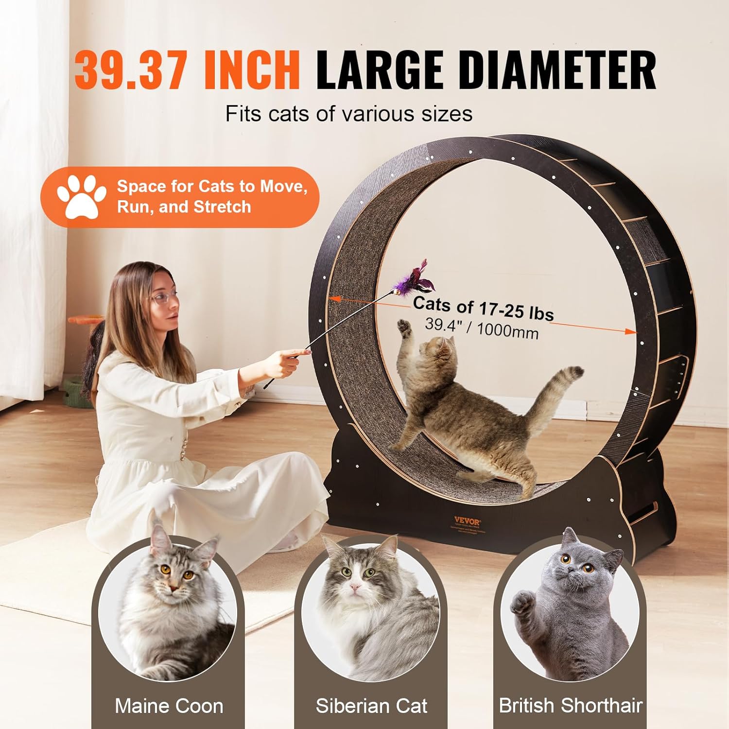 VEVOR Katzenlaufrad 1320x340x1415mm Laufrad Katzen aus Birken-& Pappelsperrholz Katzenrad Geruscharm Abnehmbare Innenmatte Cat Wheel Geeignet für Katzen mit einem Gewicht von 8kg bis 14kg