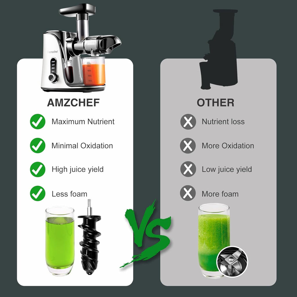 AMZCHEF Estrattore di Succo per Frutta e Verdura con 2 Modalità di Velocità - Slow Juicer con Bottiglia Portatile e 2 Tazze - Cold Press Juicer Senza BPA con LED Intelligente e Funzione di Inversione - Nero