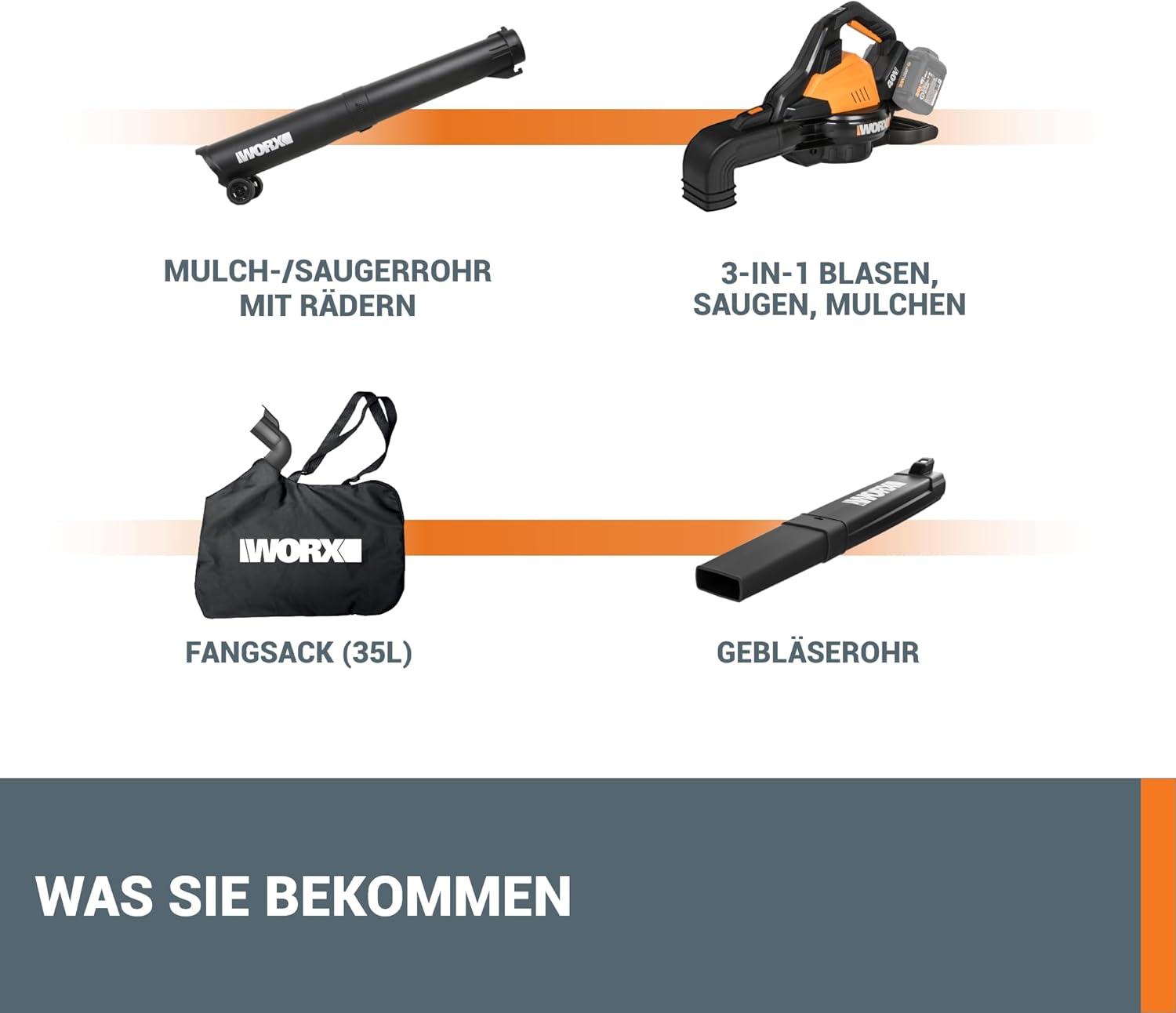 WORX WG583E.9 Soffiatore/Aspiratore per Foglie a Batteria 40V (2x20V) - 2 in 1 per Spazzare e Aspirare le Foglie - Sacco di Raccolta da 35L - Senza Batteria e Caricabatterie, Nero / Arancione