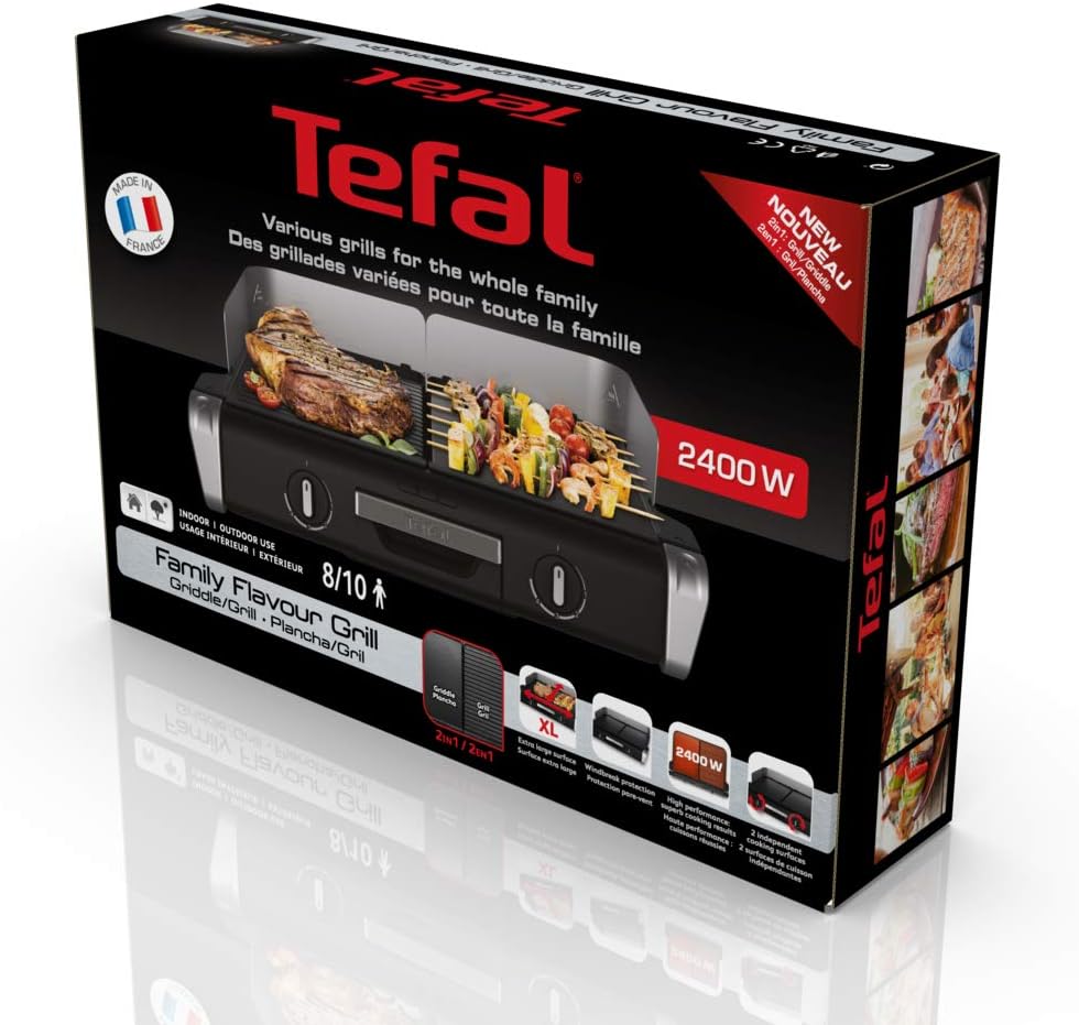 Tefal Maxi Plancha Elektro-Tischgrill CB690D, Extra groß, Antihaft Teppanyaki Platte, Leichte Reinigung, Innen und außen nutzbar, Inkl. abnehmbarem Windschutz + Spatel, 2300W, Schwarz/Silber