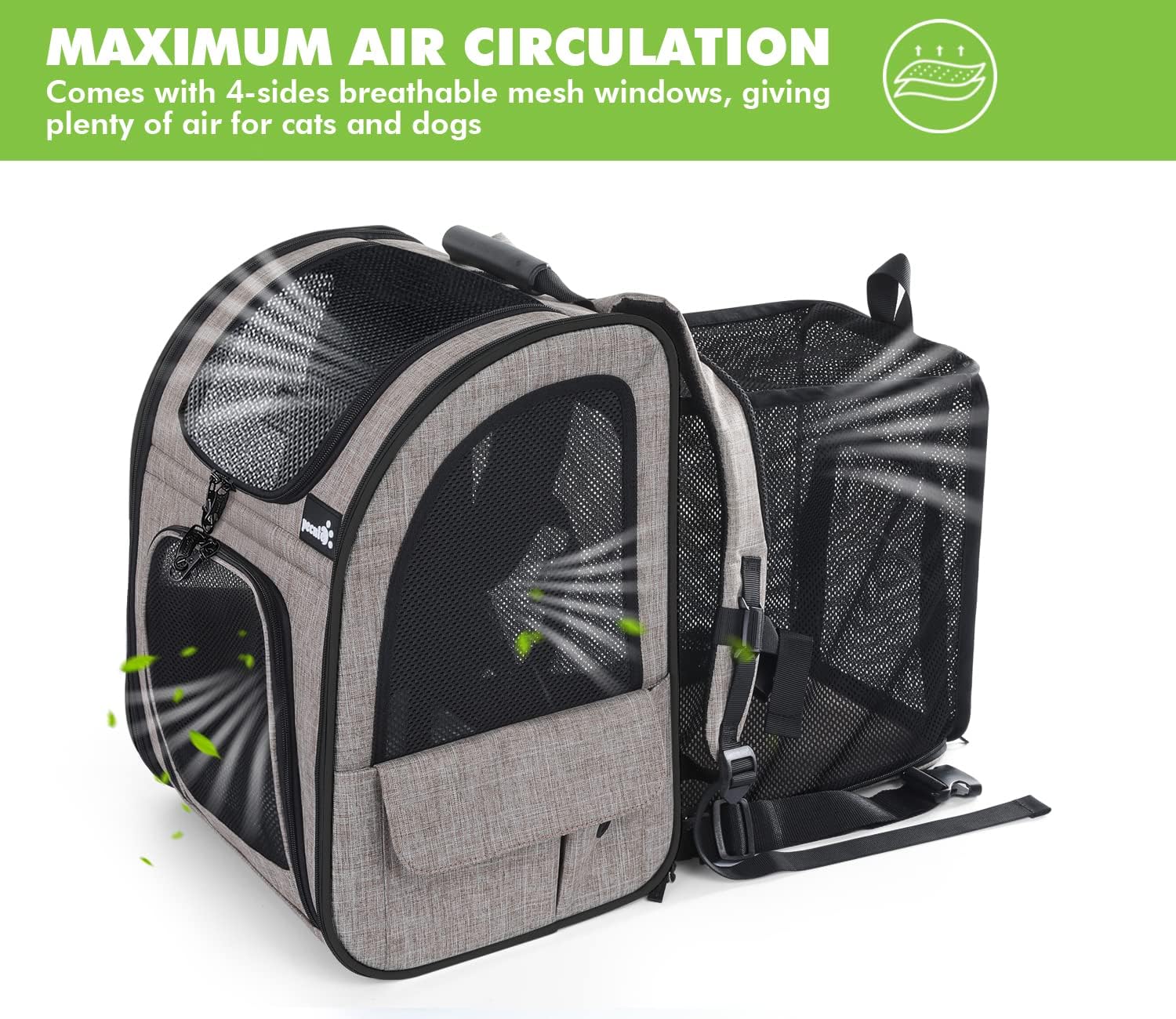 pecute Haustier Rucksack mit Netzfenster, Tragbare und Faltbare Katzentasche, Atmungsaktive und Leichte Hundetasche, Wasserdichtes Oxford-Tuch mit Viel Platz, Multifunktionales Rutschfestes Grau XL