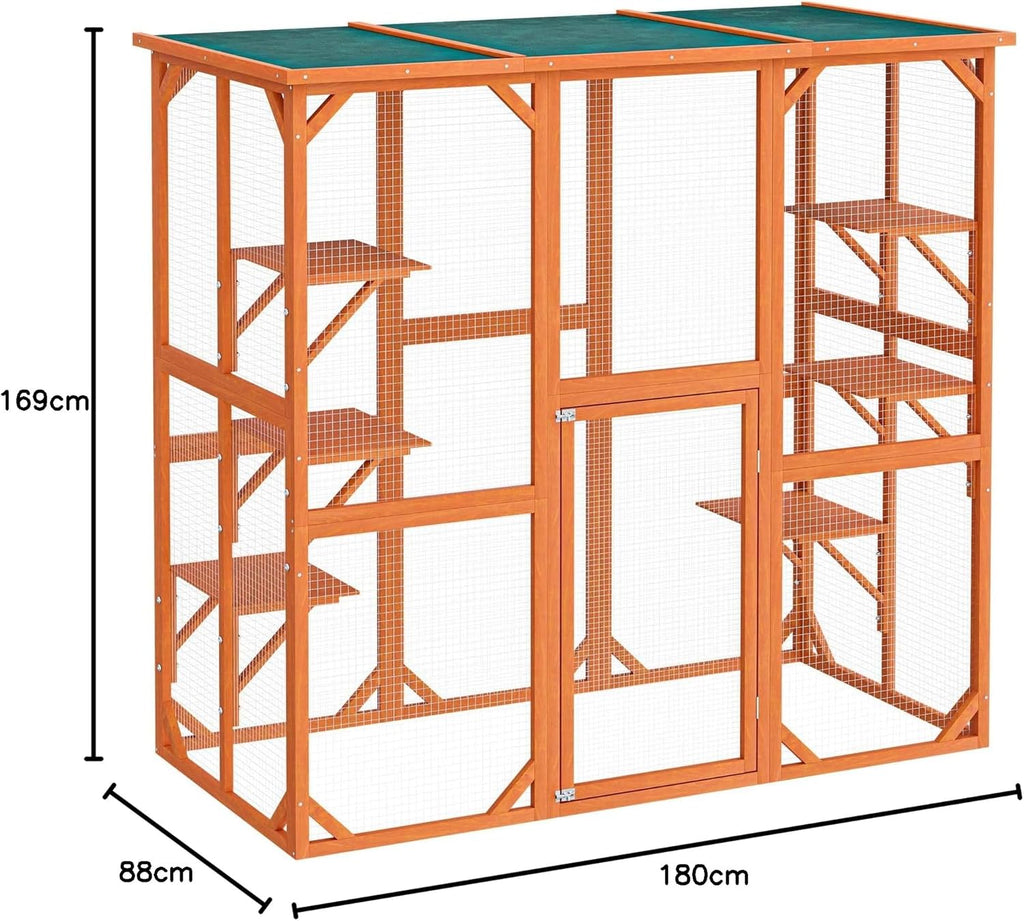 Wiltec Recinto esterno per gatti 168 x 82 x 166,5 cm con 6 piattaforme, gabbia per gatti da giardino resistente alle intemperie, cuccia per gatti con rete metallica e tetto in bitume