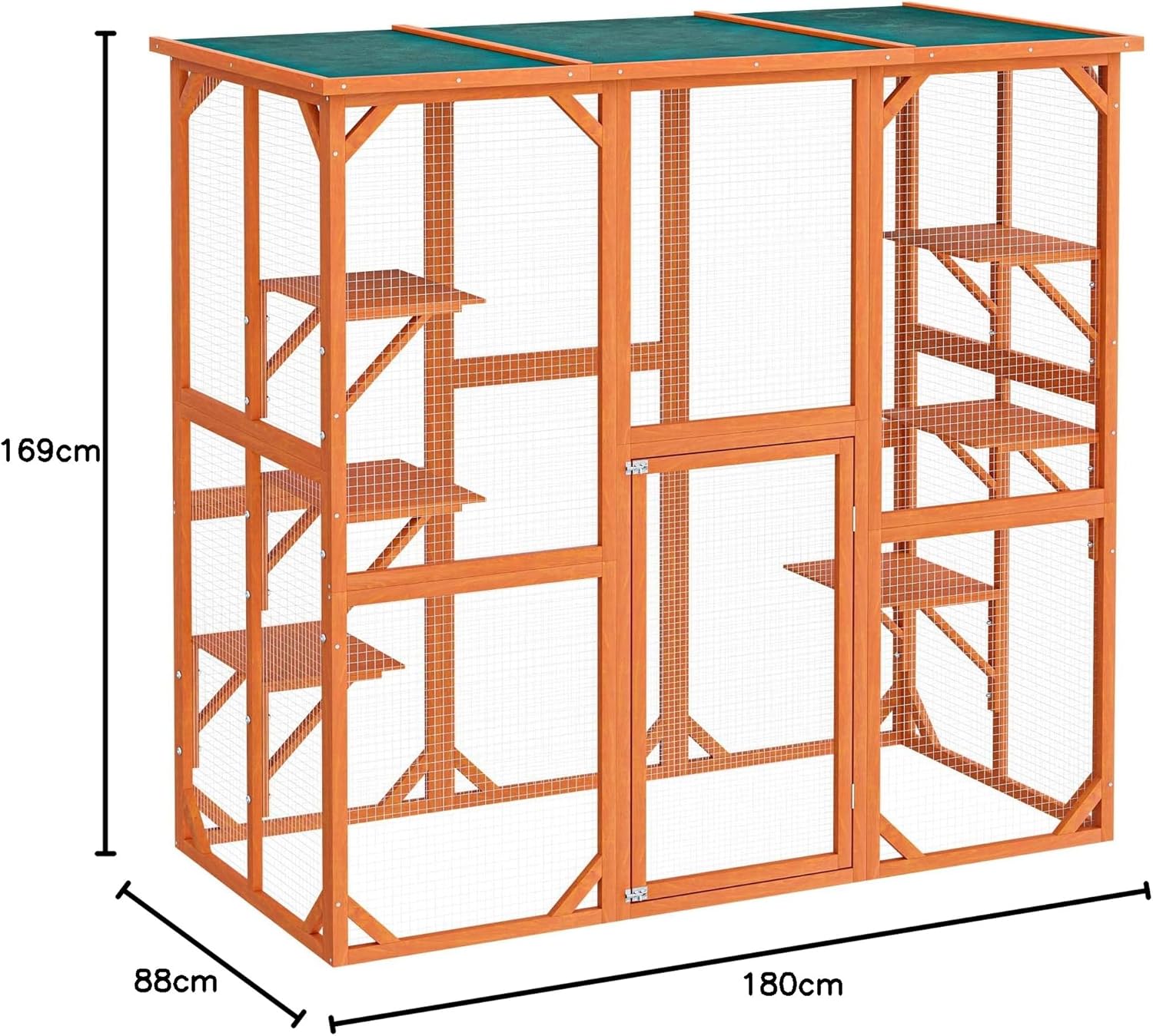 Wiltec Recinto esterno per gatti 168 x 82 x 166,5 cm con 6 piattaforme, gabbia per gatti da giardino resistente alle intemperie, cuccia per gatti con rete metallica e tetto in bitume