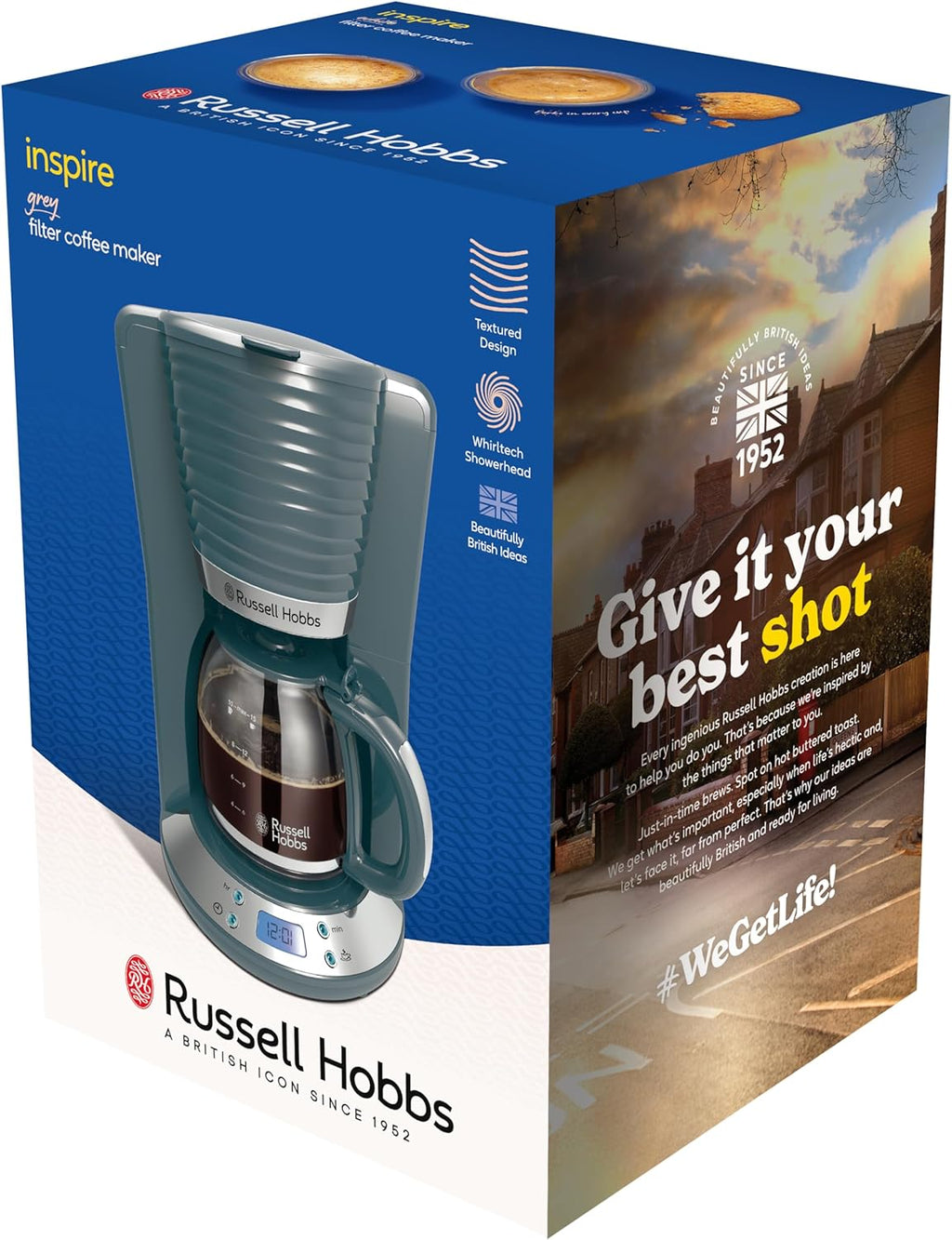 Russell Hobbs Inspire Grey Colazione Set Tostapane, Bollitore e Macchina da Caffè