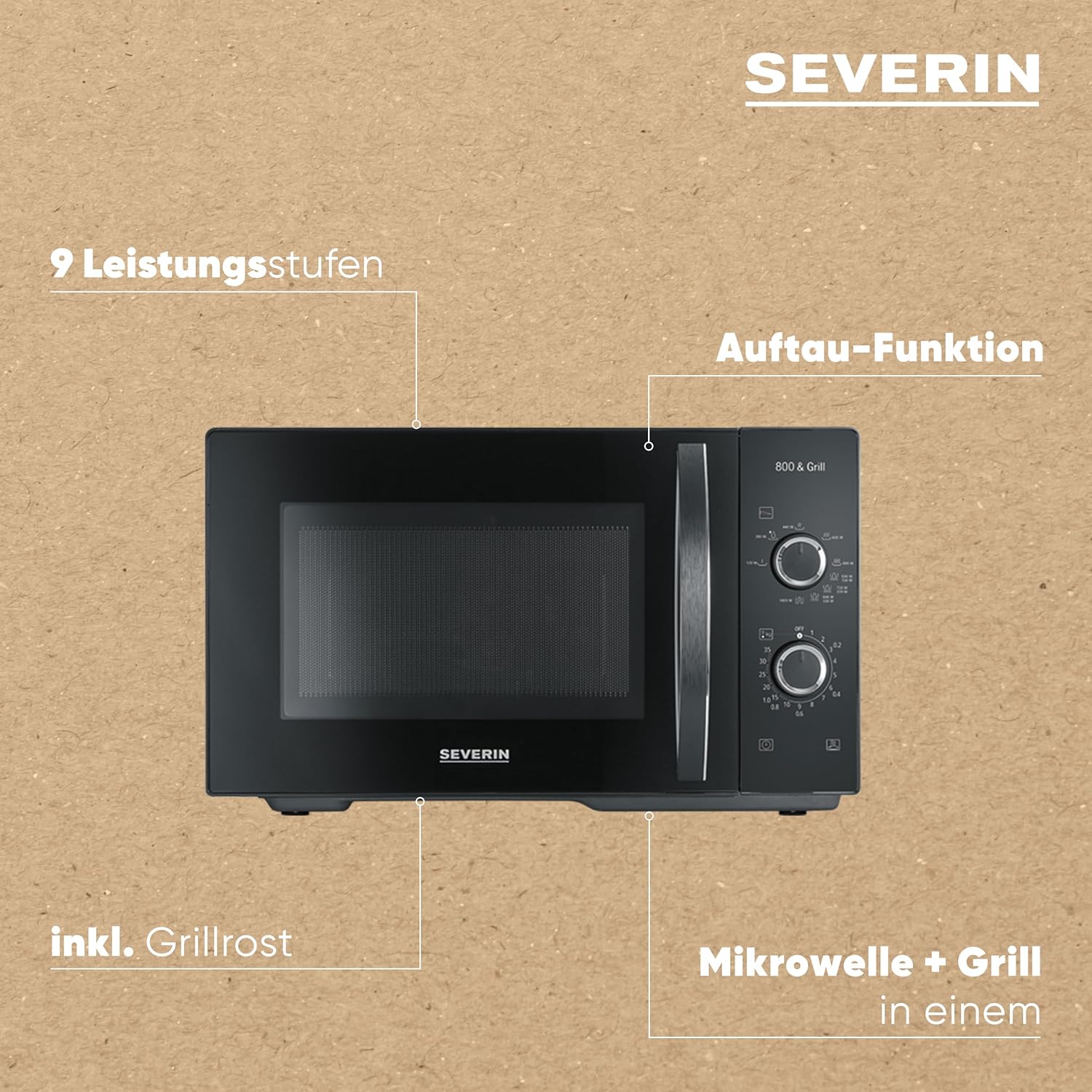 SEVERIN 2-in-1 Mikrowelle mit Grill 800 W, Grillofen mit 25 L Kapazitt und 9 Leistungsstufen, Mikrowelle mit Grillrost und Drehteller, silber, MW 7785