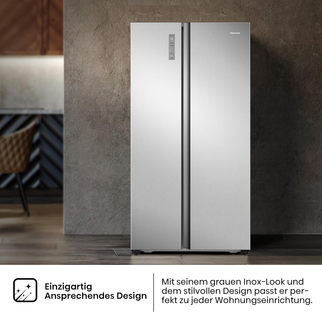 Hisense RS677N4BFD Frigorifero Americano Side by Side / Compressore Inverter / Porta Bottiglie / 2 FreshZone / Vano Verdure / Capacità Frigo 334 L / Capacità Congelatore 185 L / 41 dB / 247 kWh all'anno, Nero