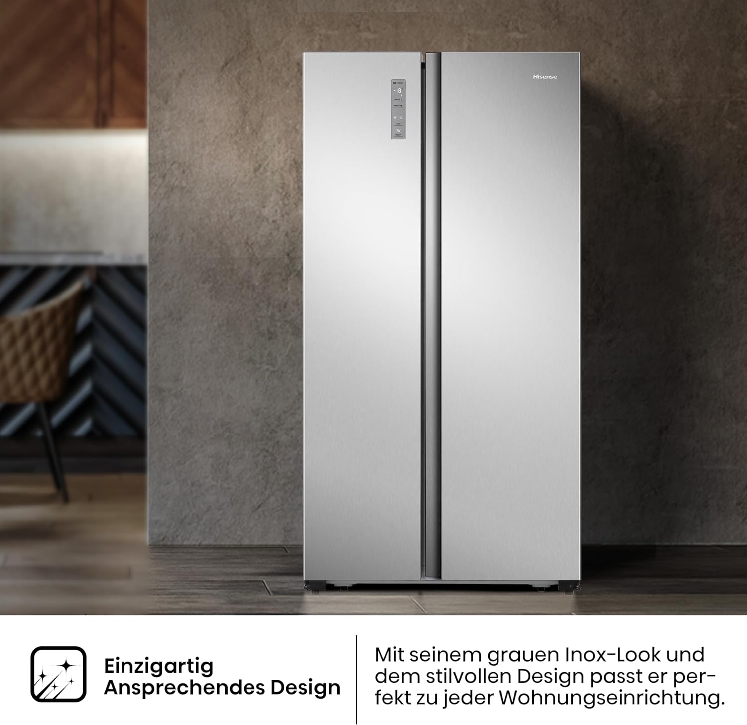 Hisense RS677N4BFD Frigorifero Americano Side by Side / Compressore Inverter / Porta Bottiglie / 2 FreshZone / Vano Verdure / Capacità Frigo 334 L / Capacità Congelatore 185 L / 41 dB / 247 kWh all'anno, Nero
