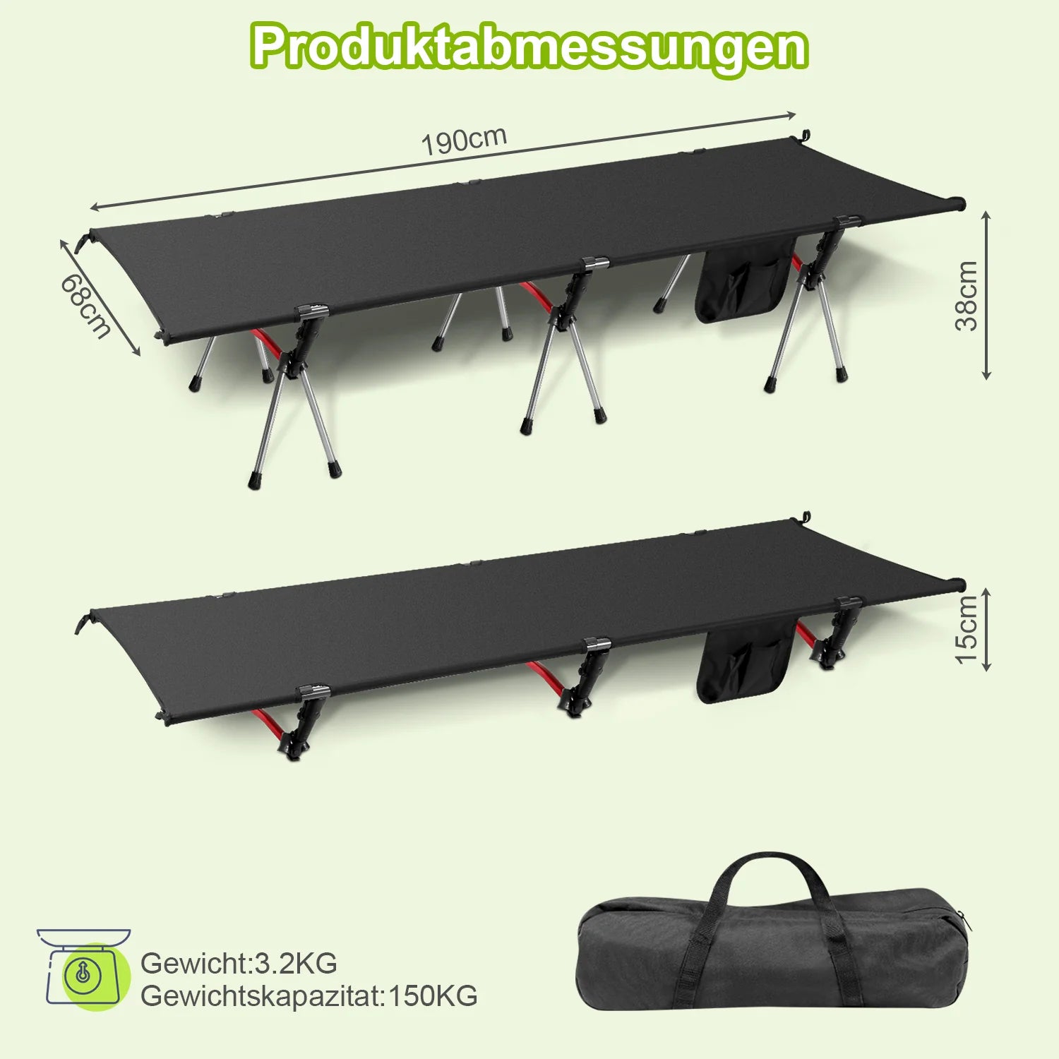 Sonnewelt Klappbett Campingbett  mit Tragetasche hhenverstellbar bis 150 kg