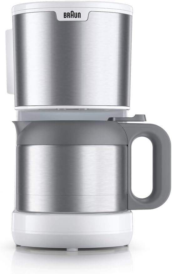 Braun PurShine KF1505 BK Filterkaffeemaschine, 1,2L Edelstahl-Thermokanne für bis zu 9 Tassen, OptiBrew-System, Tropf-Stopp-Funktion, schwenkbarer Filterkorb, Automatische Abschaltung, 1000W, Schwarz