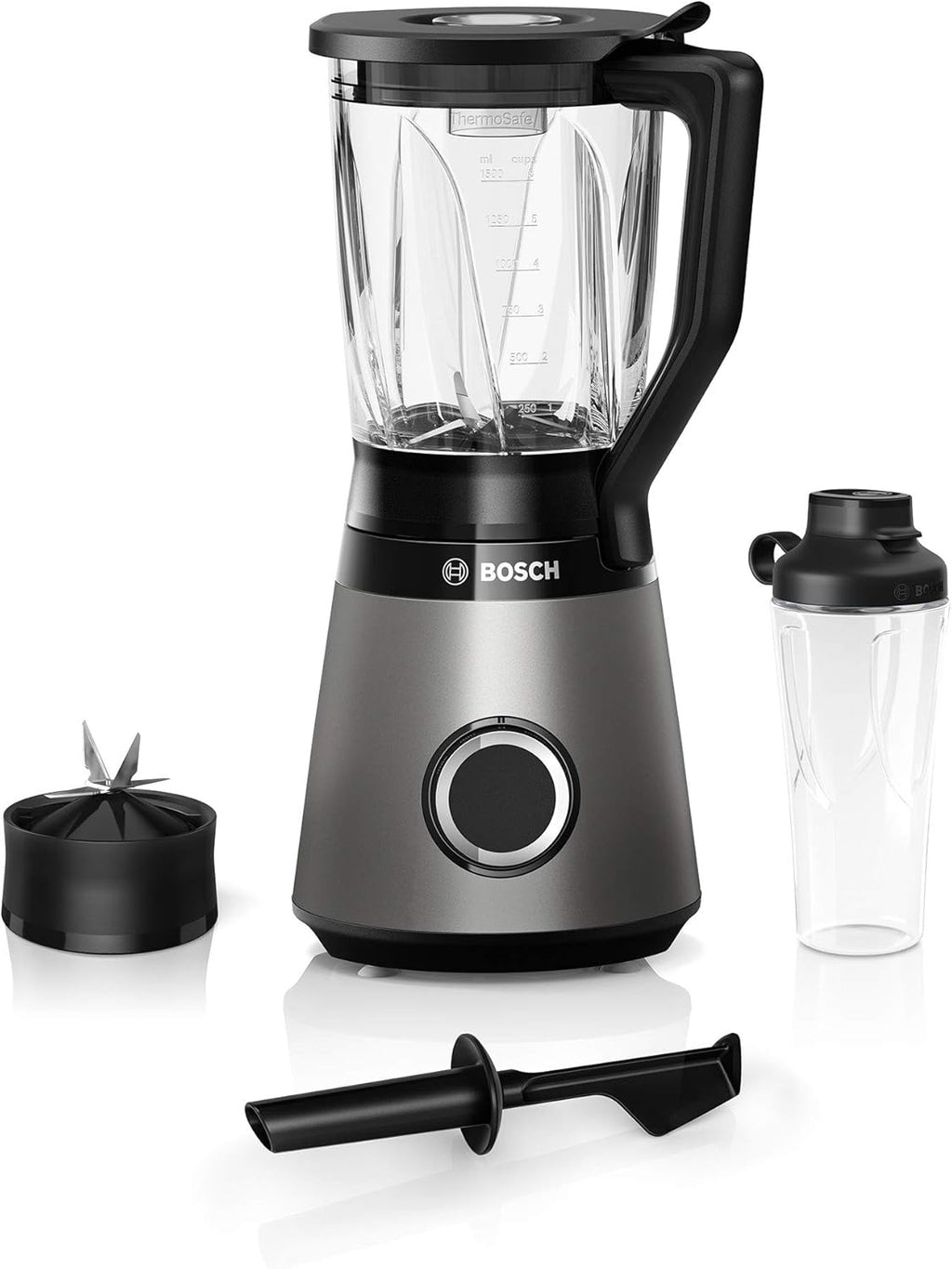 Bosch Standmixer VitaPower Serie 4 MMB6174SN, verbesserte Version, hochwertige Edelstahl-Klingen, 1,5l Glasbehlter, 0,6l To-Go-Flasche, spülmaschinenfeste Teile, 30.000 U/min, 1200 W, silber