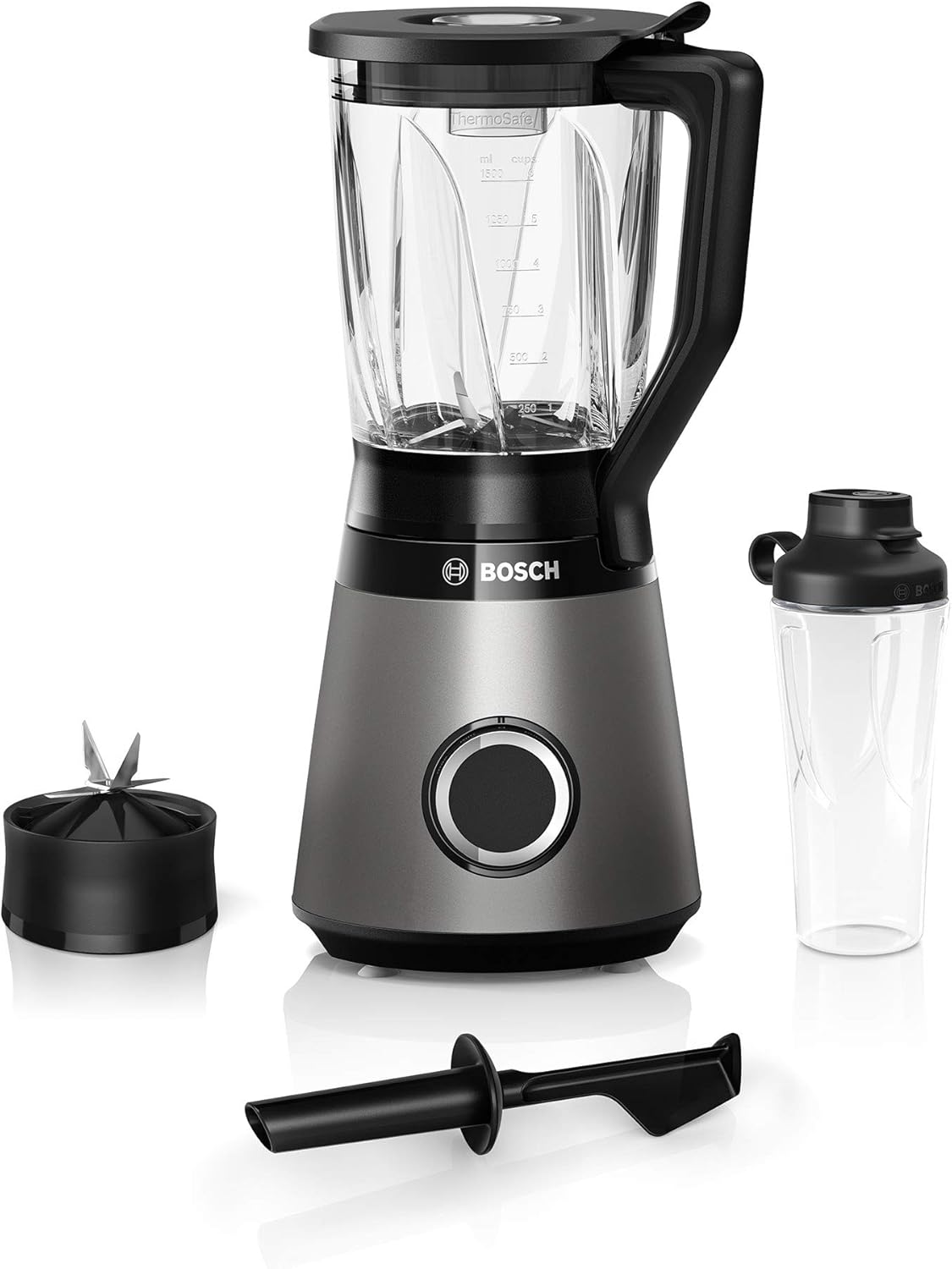 Bosch Standmixer VitaPower Serie 4 MMB6174SN, verbesserte Version, hochwertige Edelstahl-Klingen, 1,5l Glasbehlter, 0,6l To-Go-Flasche, spülmaschinenfeste Teile, 30.000 U/min, 1200 W, silber