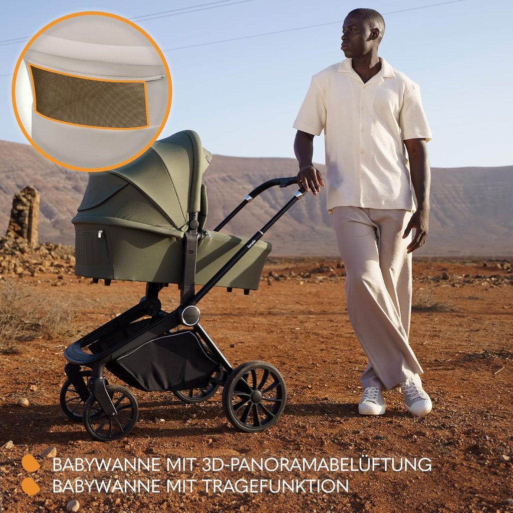 Passeggino LIONELO MIKA PLUS 3-in-1, da 0 a 48 mesi, fino a 22 kg, navicella fino a 9 kg, seggiolino auto fino a 13 kg, schienale regolabile, ammortizzazione, ruote a 360°, cappottina XXL