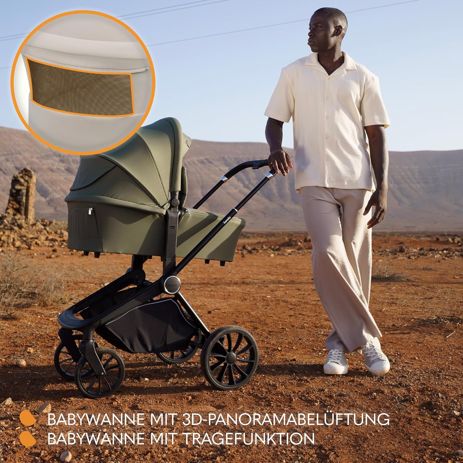 Passeggino LIONELO MIKA PLUS 3-in-1, da 0 a 48 mesi, fino a 22 kg, navicella fino a 9 kg, seggiolino auto fino a 13 kg, schienale regolabile, ammortizzazione, ruote a 360°, cappottina XXL