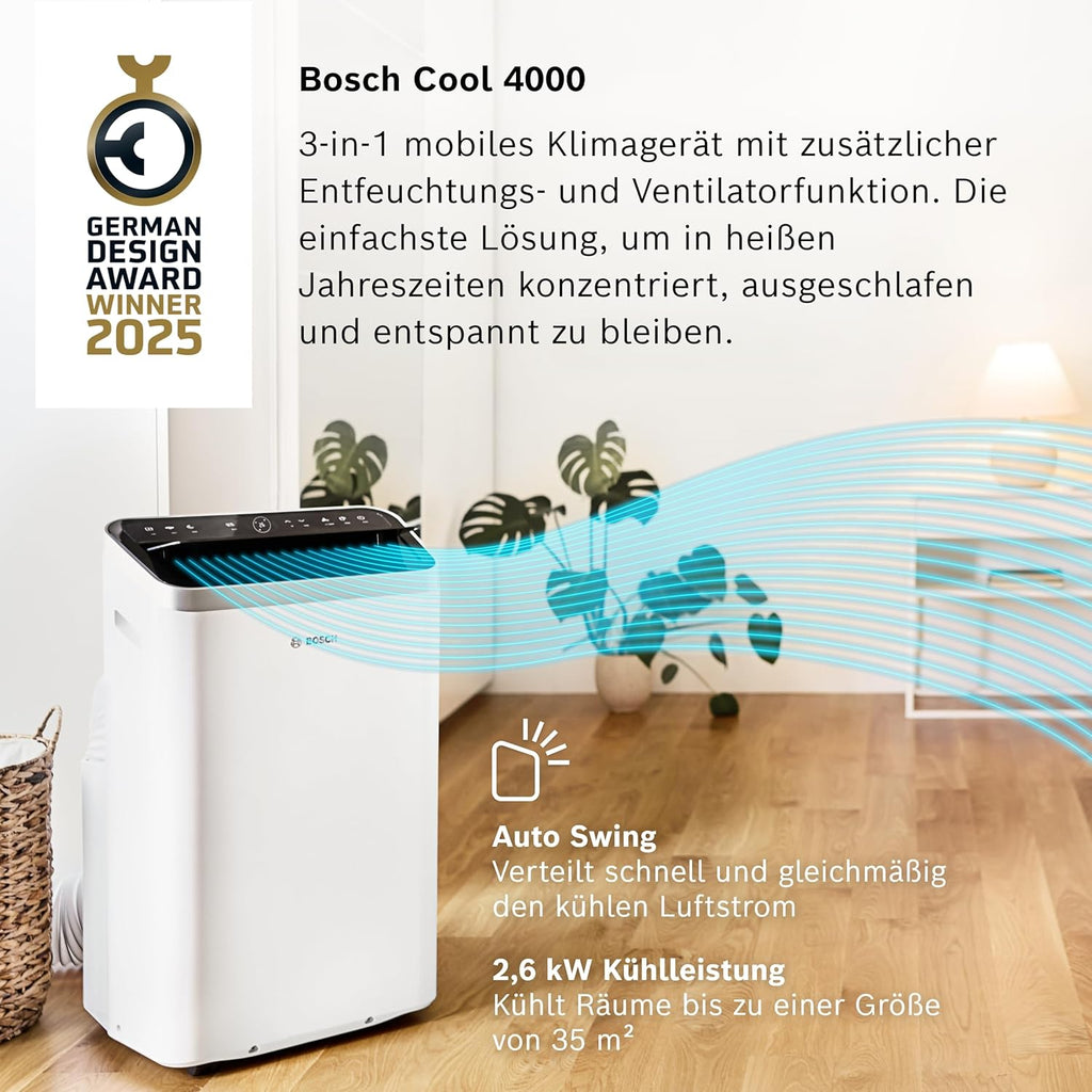 Bosch Cool 4000 Climatizzatore Mobile - 3-in-1: Climatizzatore, Deumidificatore, Ventilatore - 2,6 kW per ambienti fino a 35m² - Con modalità automatica, silenziosa e notturna