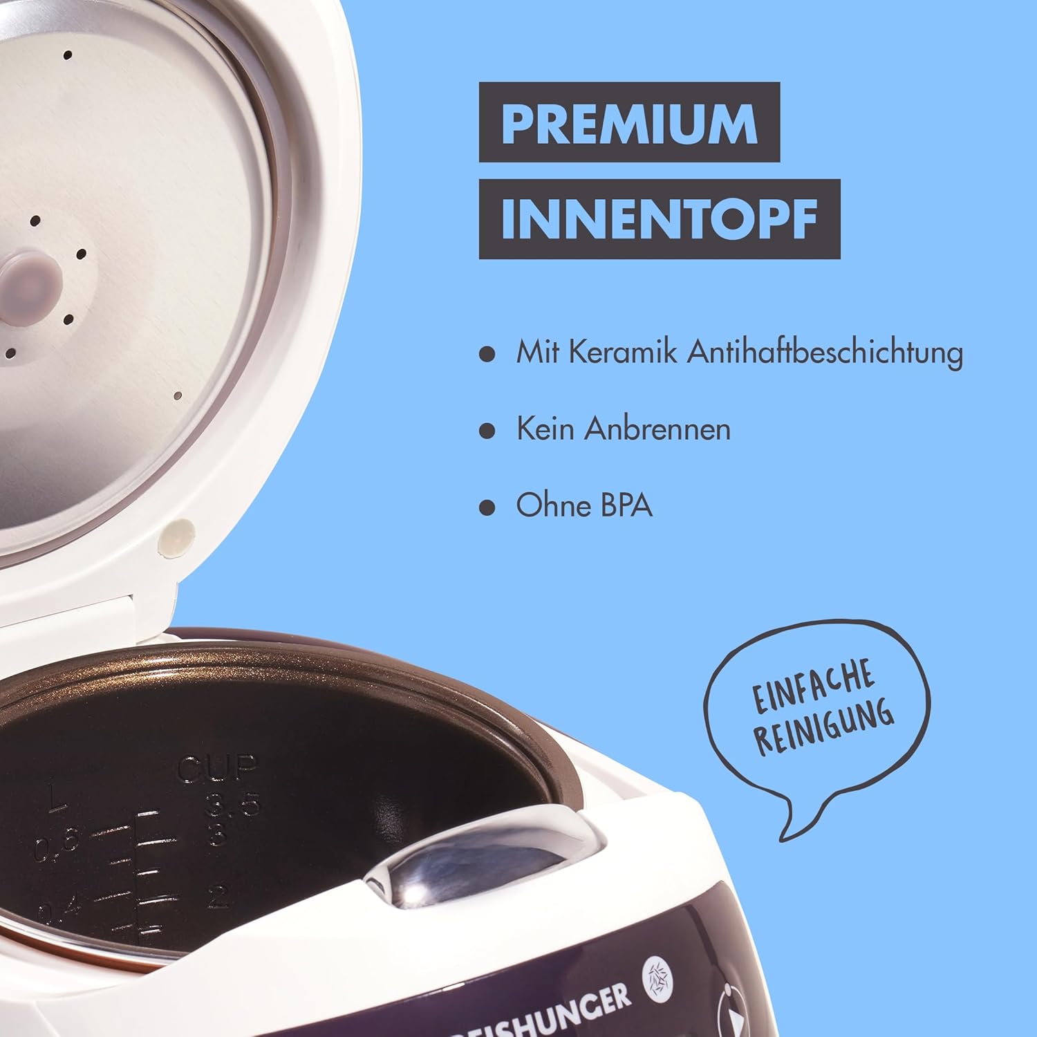 REISHUNGER Cuociriso digitale piccolo, nero | Da 0,6 L fino a 3 persone | Funzione mantenimento calore, timer e pentola premium | Multicooker e vaporiera piccoli, 8 programmi, tecnologia a 7 fasi