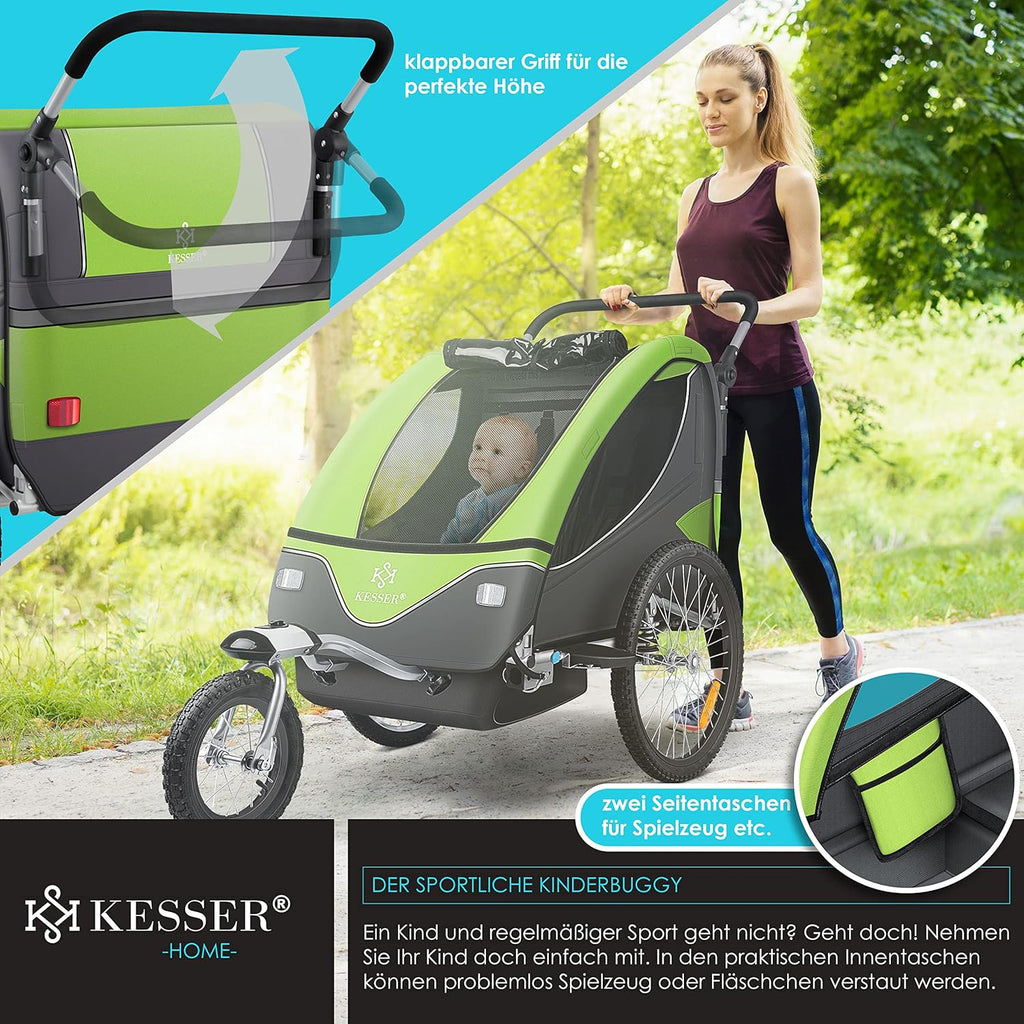 KESSER® Kinderanhänger Fahrradanhänger 360° Drehbar mit Federung 2in1 Joggerfunktion Kinderfahrradanhänger + 5-Punkt Gurt Jogger Fahrrad Anhänger für 1 bis 2 Kinder max. 40kg Inkl. Warnfahne, Schwarz