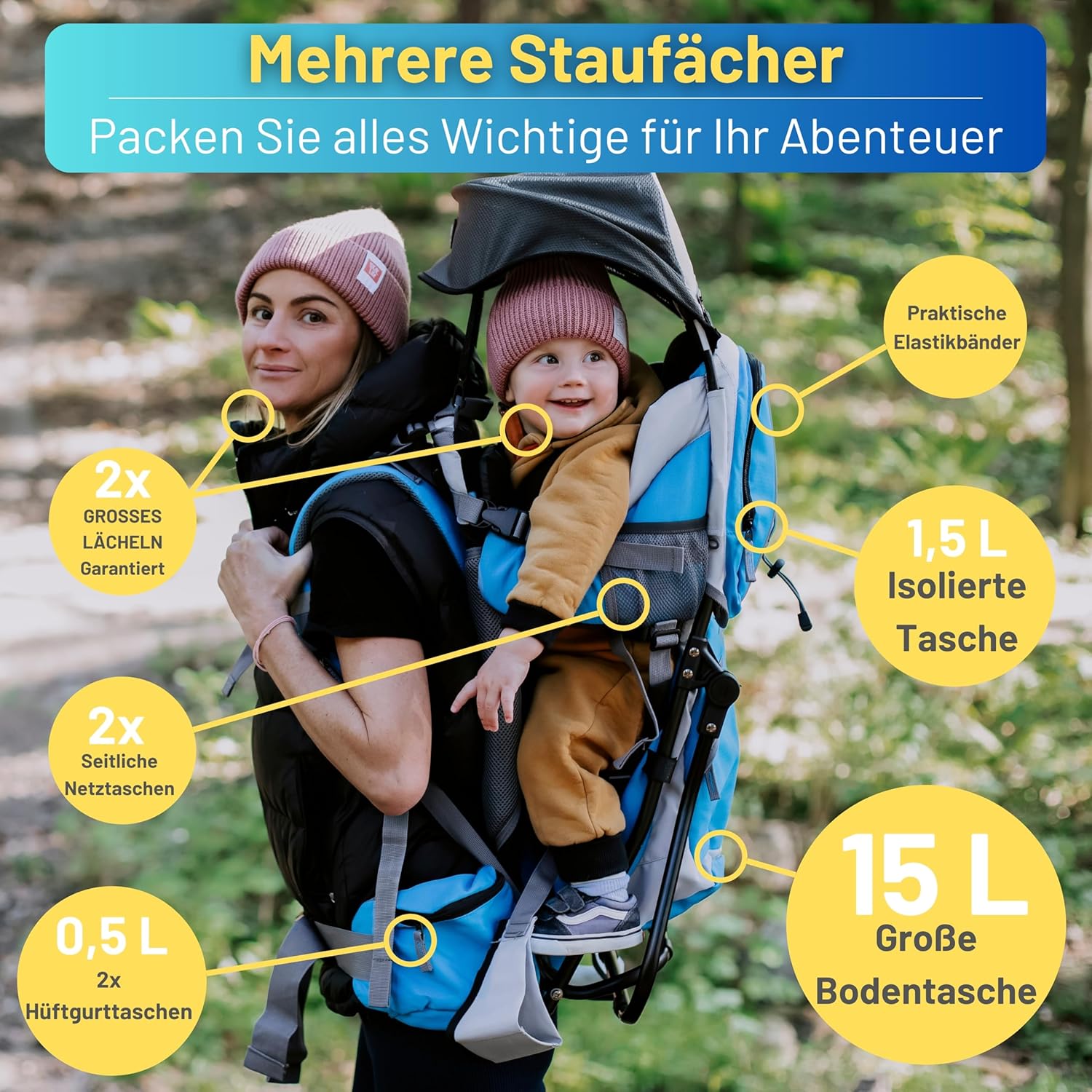 Dromader Kraxe Kindertrage bis 22kg – Kindertrage Wandern mit Sonnendach, Regenschutz, Thermotasche, Wickelmatte – Einhändig klappbare Rahmen – Blau