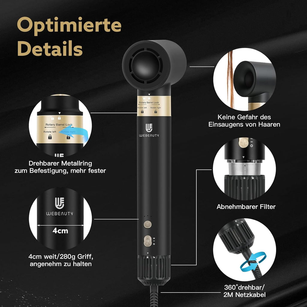 webeauty Asciugacapelli 5 in 1, 110.000 giri/min, 20 m/s, Asciugacapelli brushless ad alta velocità con 200 milioni di ioni negativi con spazzola ad aria calda e arricciacapelli ad aria, Bianco