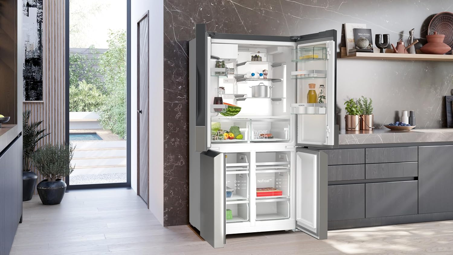 Frigorifero Multic дверный SIEMENS KF96NVPEA iQ300, 183 x 91 cm, 405 L di refrigerazione e 200 L di congelamento, hyperFresh per una freschezza più duratura, noFrost per non sbrinare mai più, superCooling per un raffreddamento più rapido