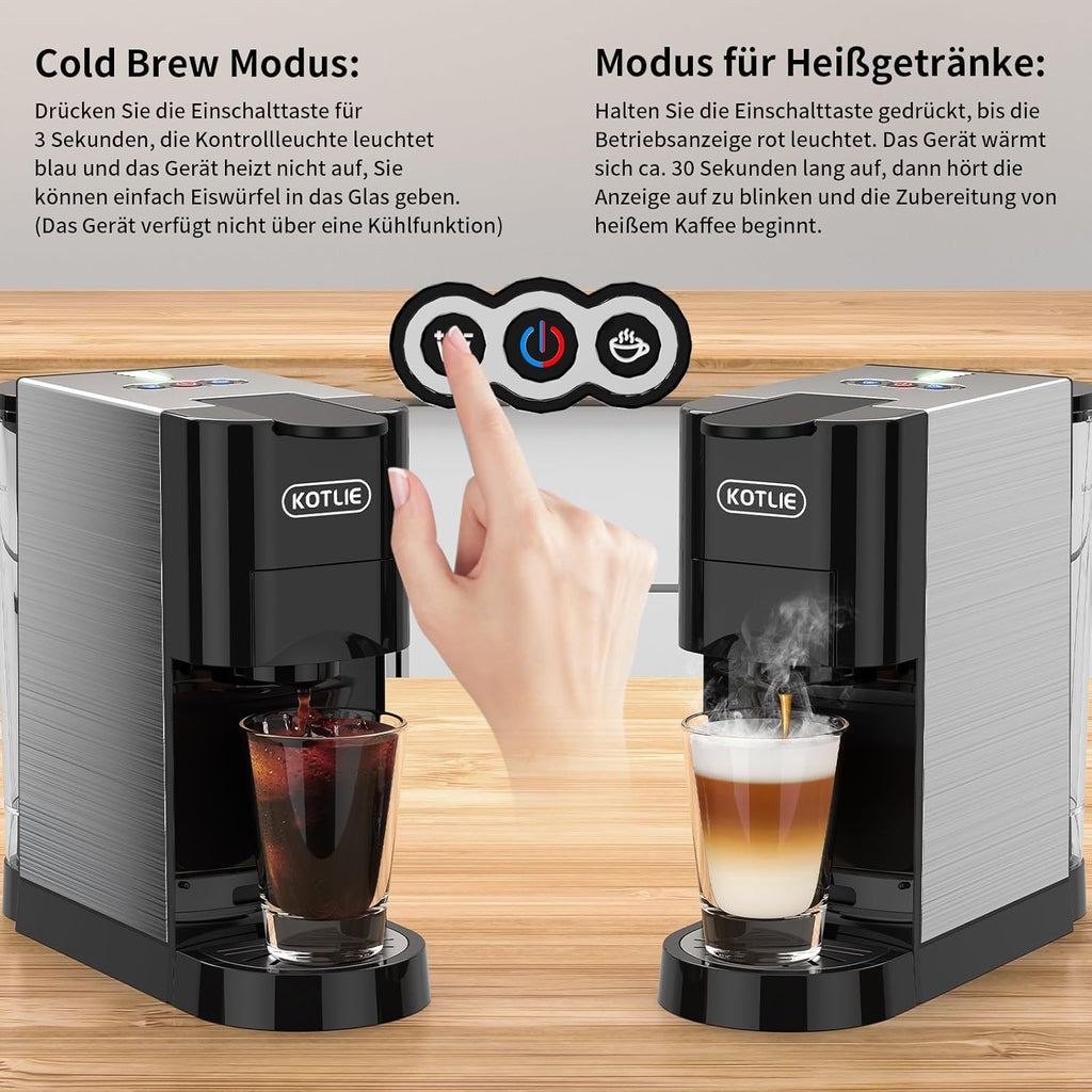 KOTLIE AC-513HF 5 in 1 Kaffeemaschine für NES/DG/a modo mio/Gemahlener Kaffee/ESE(44mm), Höhe für große Tassen (Schwarz)