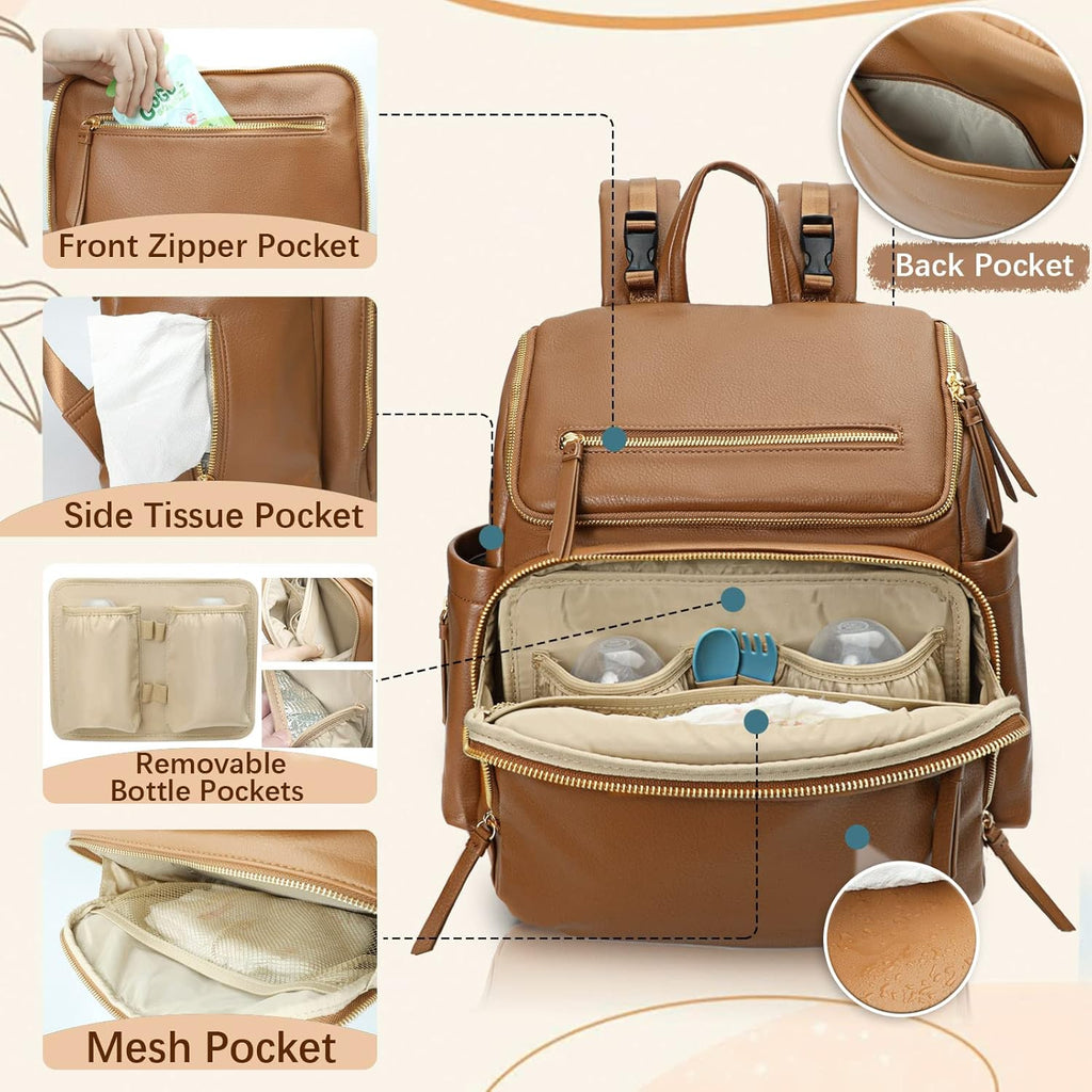 Borsa Fasciatoio Omanmoli, Zaino Grande in Pelle, con 17 Tasche Fasciatoio, Fasciatoio, Cinghie per Passeggino, 4 Tasche Isolate, Marrone