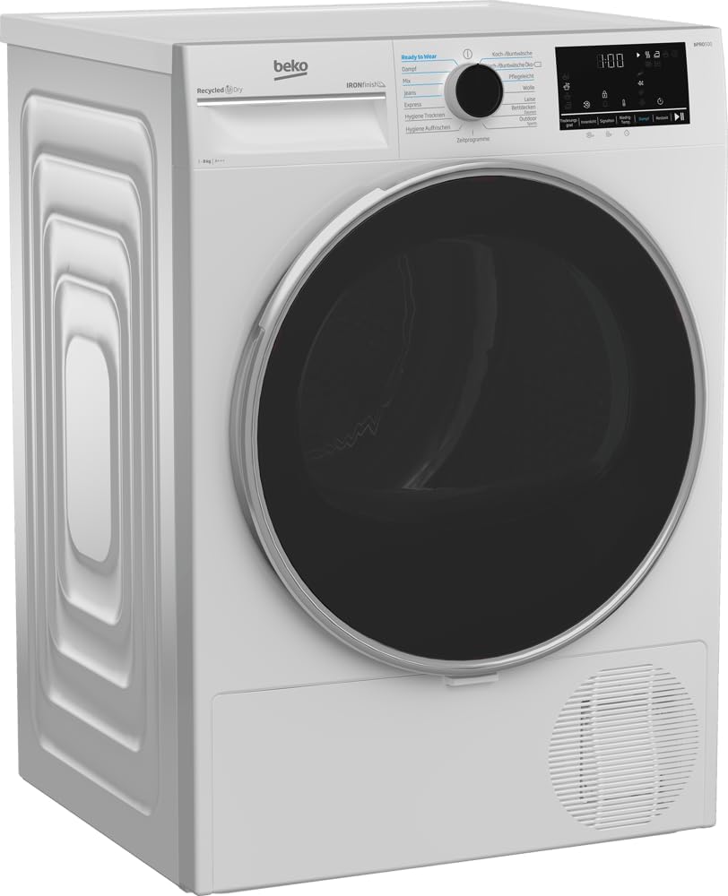 Beko B5T4824IF bPRO Asciugatrice 500 W, 8 kg, Carica Frontale, Pompa di Calore, Adatta per chi soffre di allergie, 15 Programmi, Funzione Vapore, Antipiega, Programma Silenzioso, Cesto AquaWave, Bianco
