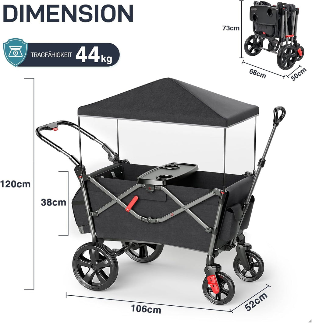 EVER ADVANCED Carretto per 2 bambini pieghevole con tetto, passeggino con cinture di sicurezza a 5 punti, zaino fasciatoio, carretto con sedile, carrello di trasporto, spinta e trazione, freno a pedale