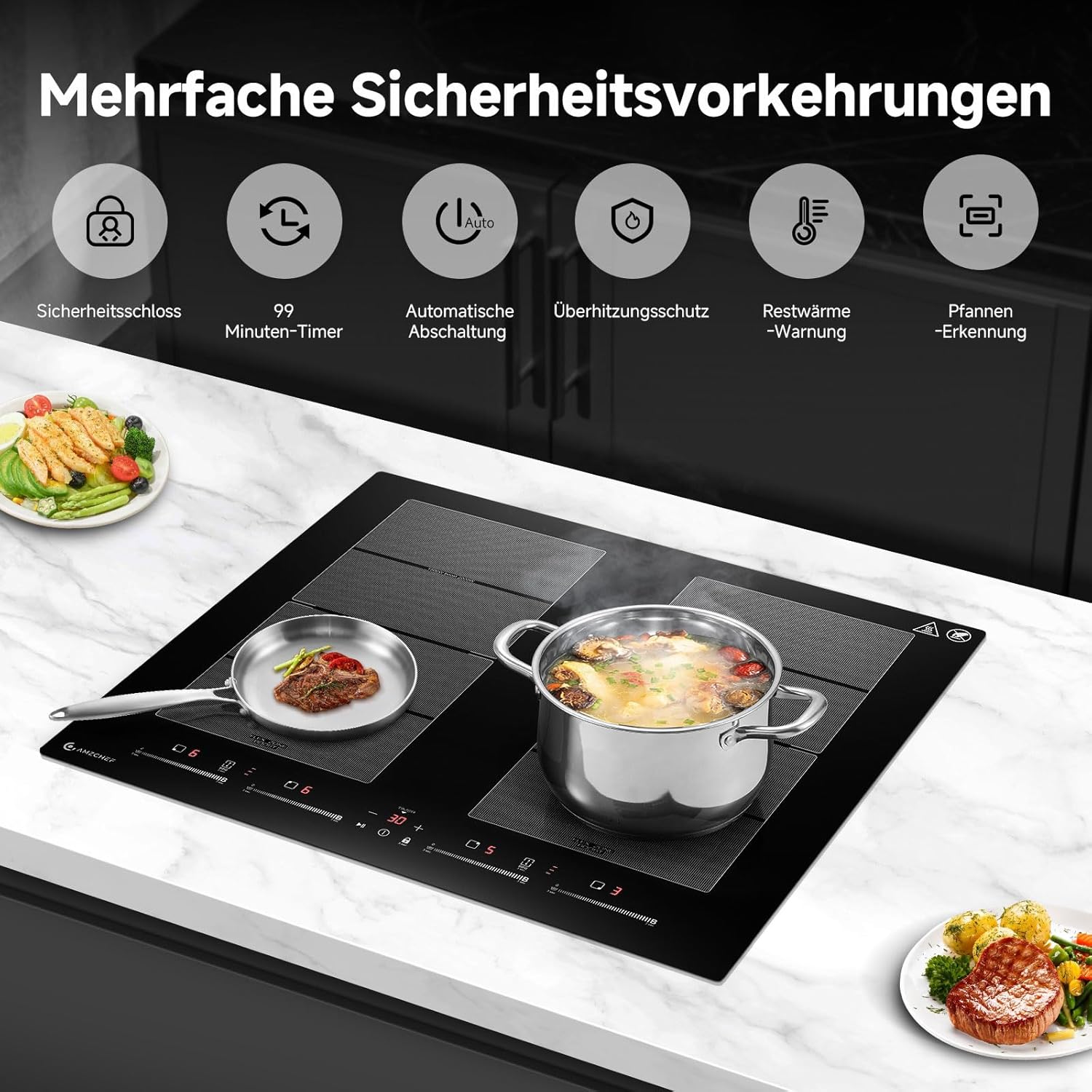 AMZCHEF Piano cottura a induzione 60cm con due zone flessibili, 4 zone, funzionamento silenzioso, 9 livelli di potenza e Booster - funzione BBQ, funzione pausa e mantenimento in caldo, 7400W