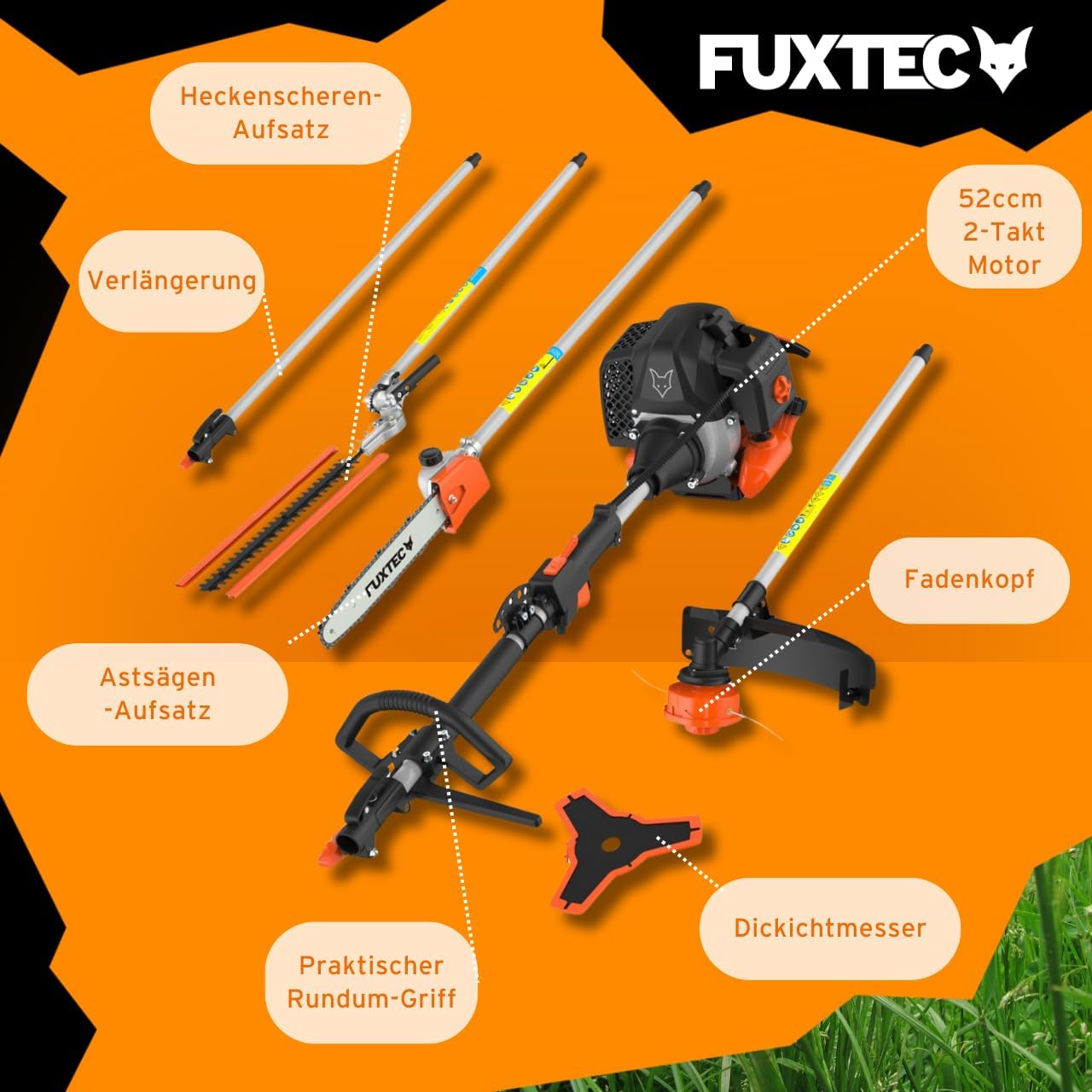 FUXTEC Decespugliatore a scoppio FX-MT152E Multitool 5in1, 52 cc, imbracatura professionale e prolunga da 1m inclusa, 3 CV, combinato tagliasiepi, potatore ad asta, sistema combinato, decespugliatore fs 2 tempi test di classe superiore 1,4