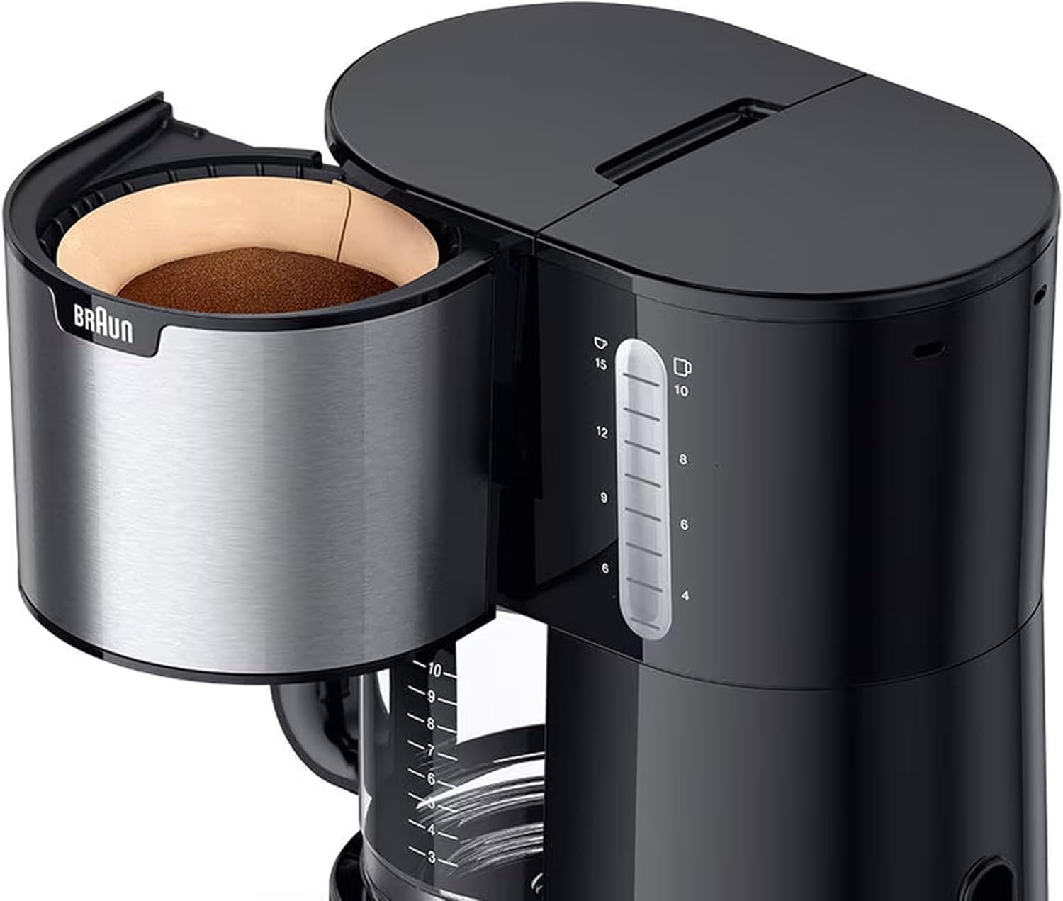 Braun PurShine KF1505 BK Filterkaffeemaschine, 1,2L Edelstahl-Thermokanne für bis zu 9 Tassen, OptiBrew-System, Tropf-Stopp-Funktion, schwenkbarer Filterkorb, Automatische Abschaltung, 1000W, Schwarz