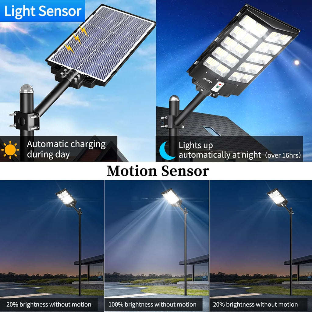 Ofuray 2000W Solar Straßenlaterne für Außen, 200000LM Solarlampen für Außen mit Bewegungsmelder, 6500K Solarleuchten Dämmerung bis zum Morgengrauen, IP67 Wasserdichte wegeleuchte für Parkplatz, Hof