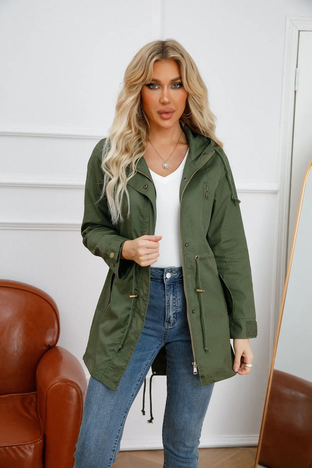 Damen Reiverschluss Windjacke Mit Kordelzug