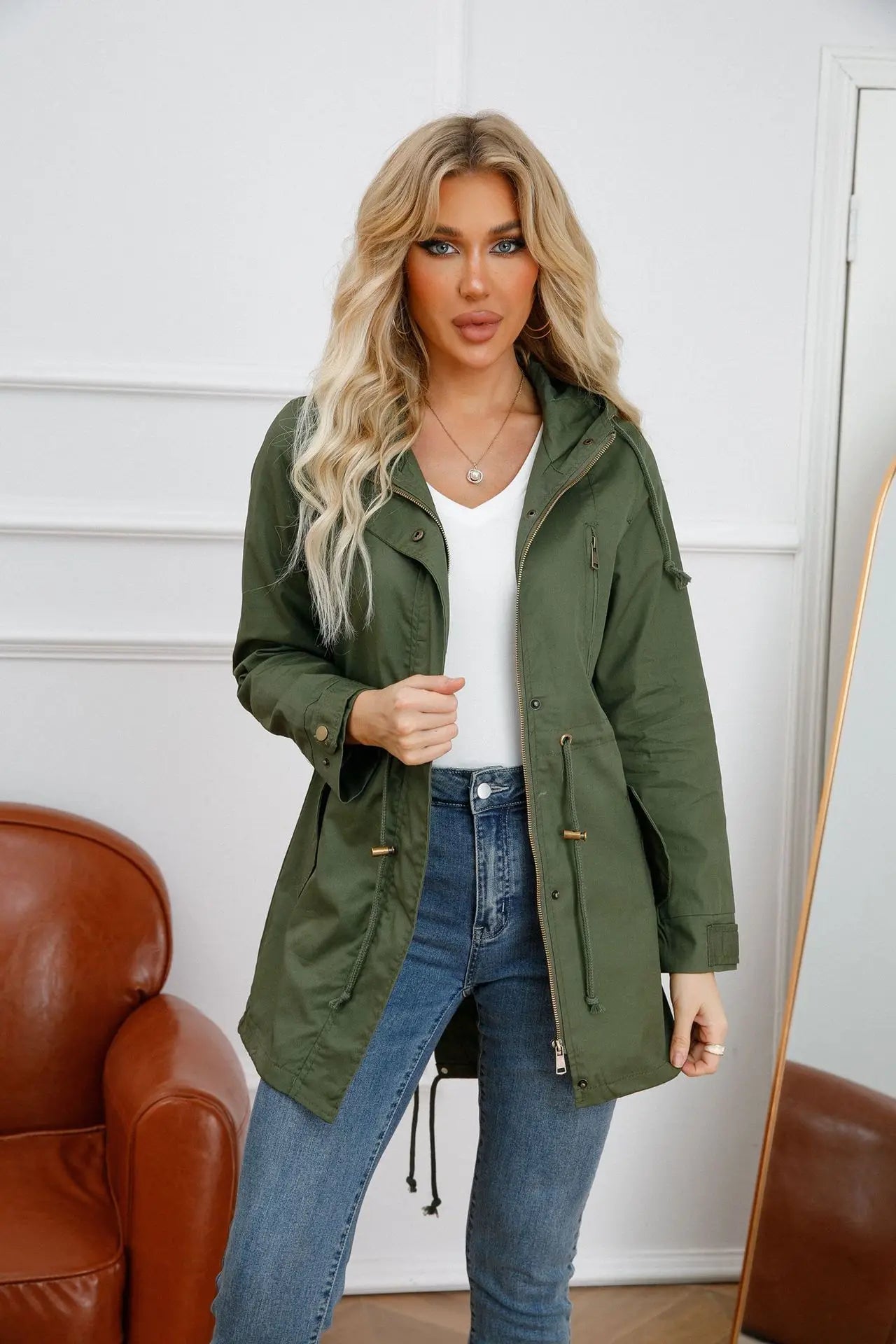 Damen Reiverschluss Windjacke Mit Kordelzug