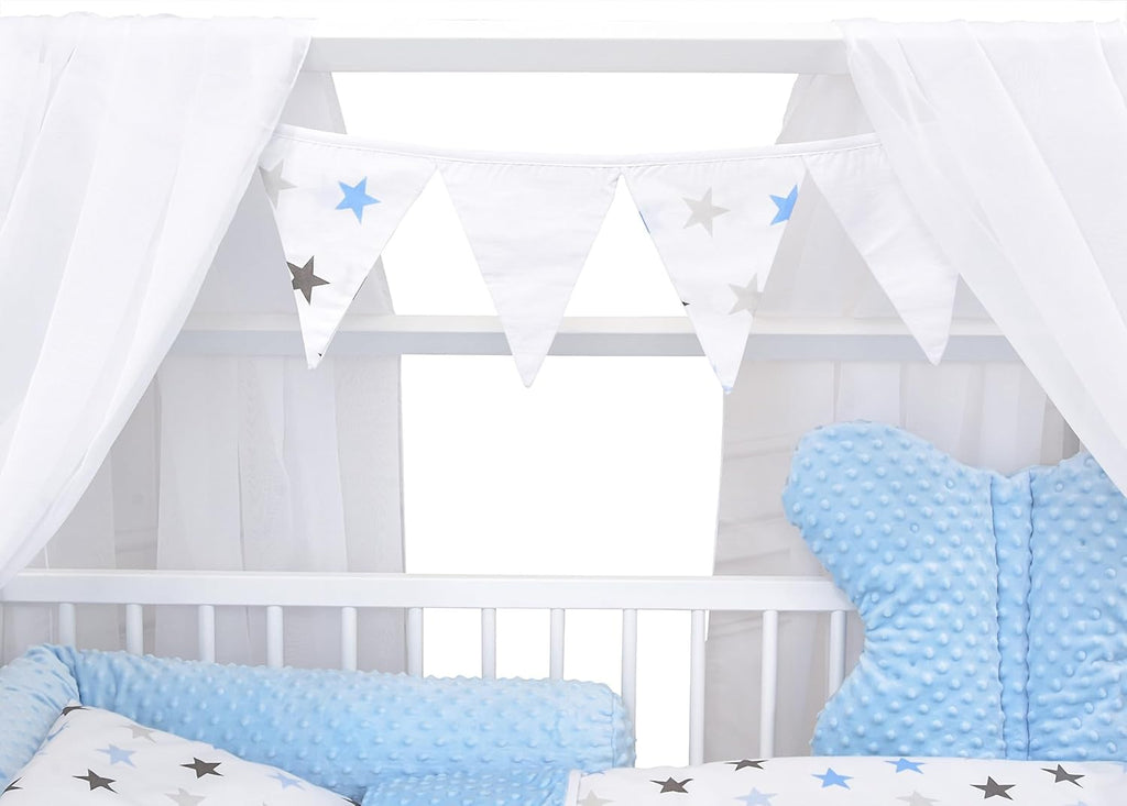 Baby Delux Lettino per Bambini Set Completo Casetta 60x120 cm Bianco con Cassetto Sponda Paracolpi Materasso Biancheria da Letto Set Decorativo (Stelle del Principe)