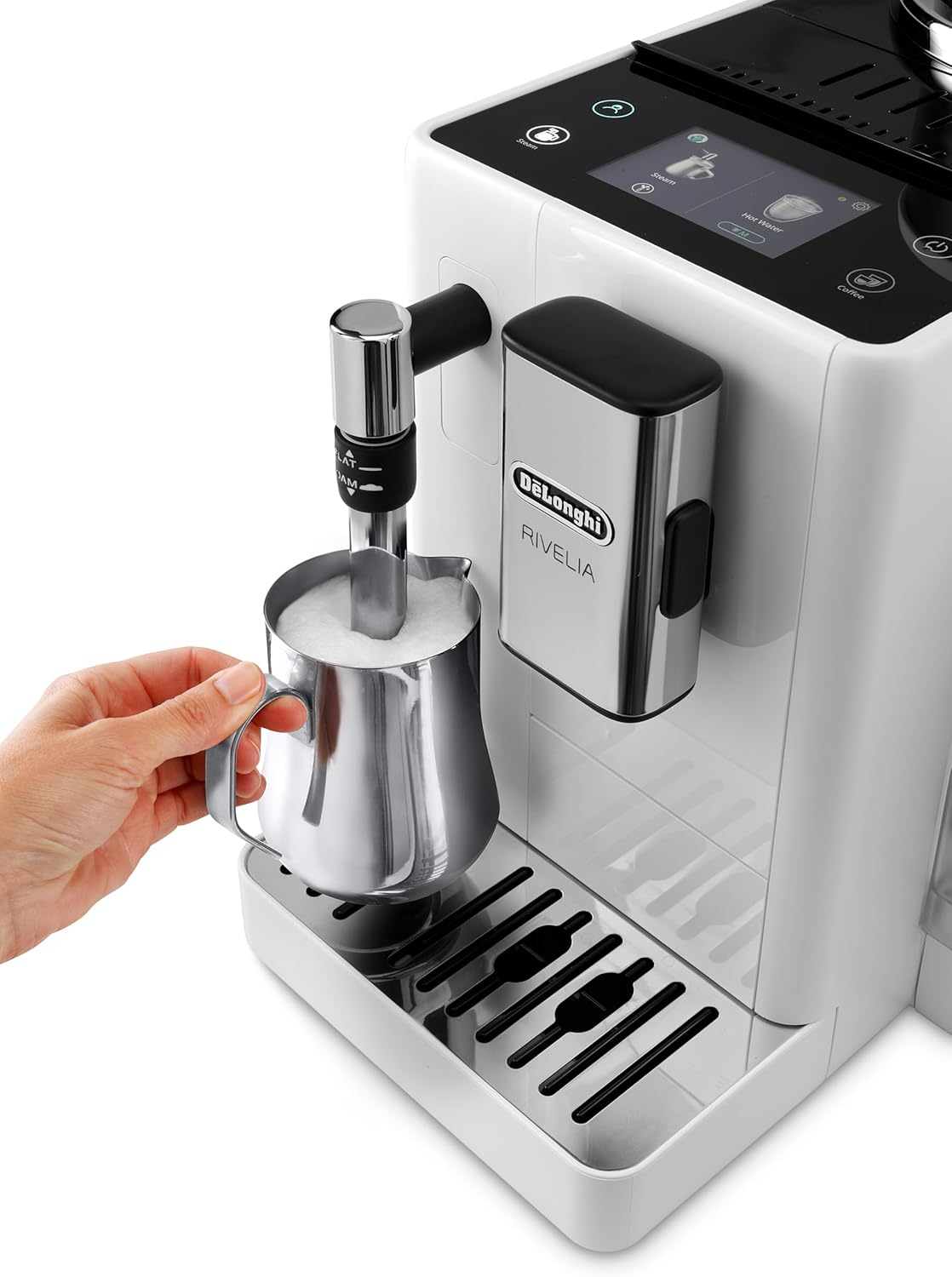 De'Longhi Rivelia EXAM440.35.BG Macchina da caffè automatica con lancia vapore, contenitore chicchi intercambiabile, 8 bevande a base di caffè one-touch, funzione Extra Shot, display touch da 3,5 pollici, Beige