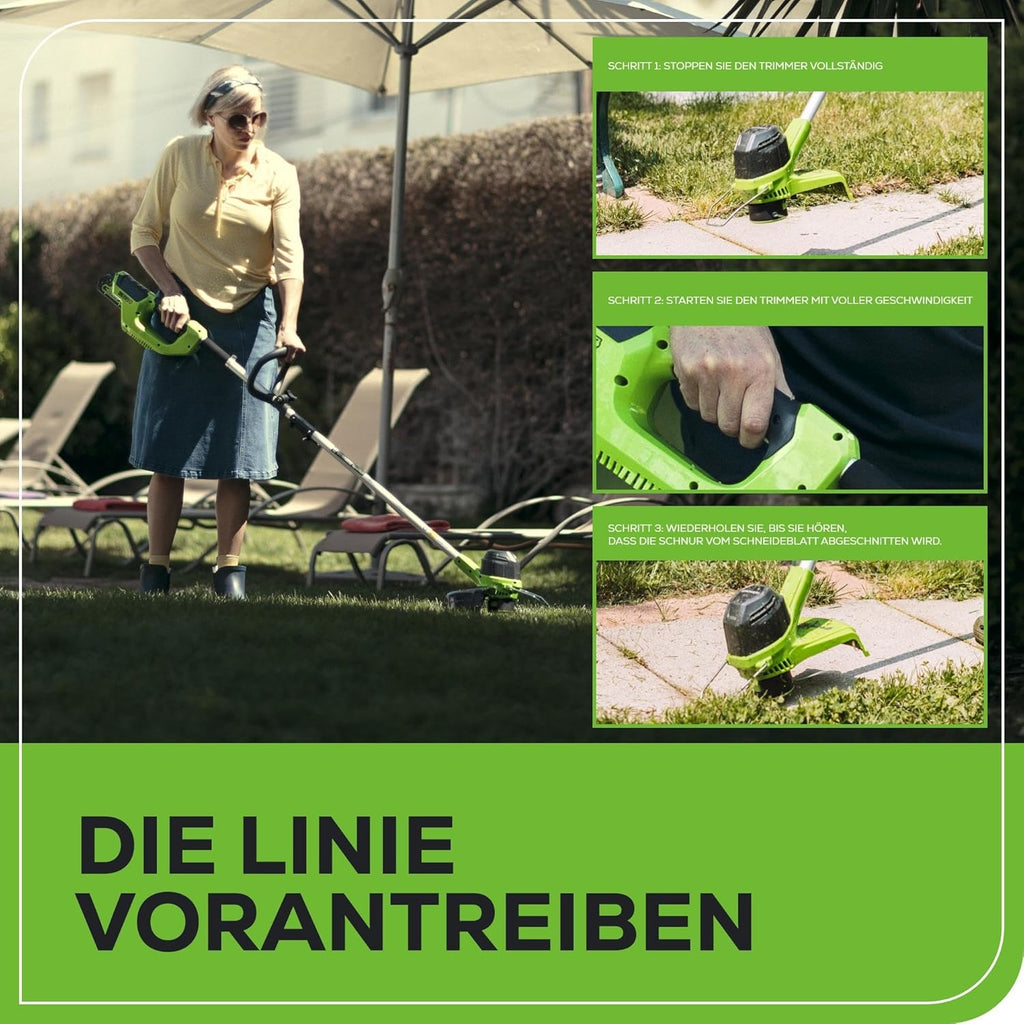 Greenworks 40V Akku Rasentrimmer für mittelgroße Gärten, höhenverstellbar, 30 cm Schnittbreite, automatischer Vorschub 1,65 mm Nylon Faden, zwei 40V 2Ah Akkus & Ladegerät, 3 Jahre Garantie G40LTK2X