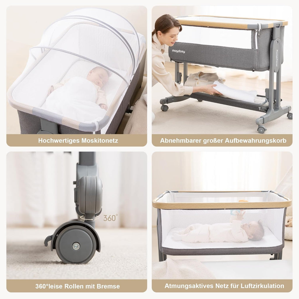 Maydolly Baby Beistellbett,3 in 1 Babybett mit Aufbewahrungskorb, Tragbare Krippe mit Rädern, Höhenverstellbar, Krippe mit Moskitonetz und Matratze für Säuglinge/Neugeborene,Grau