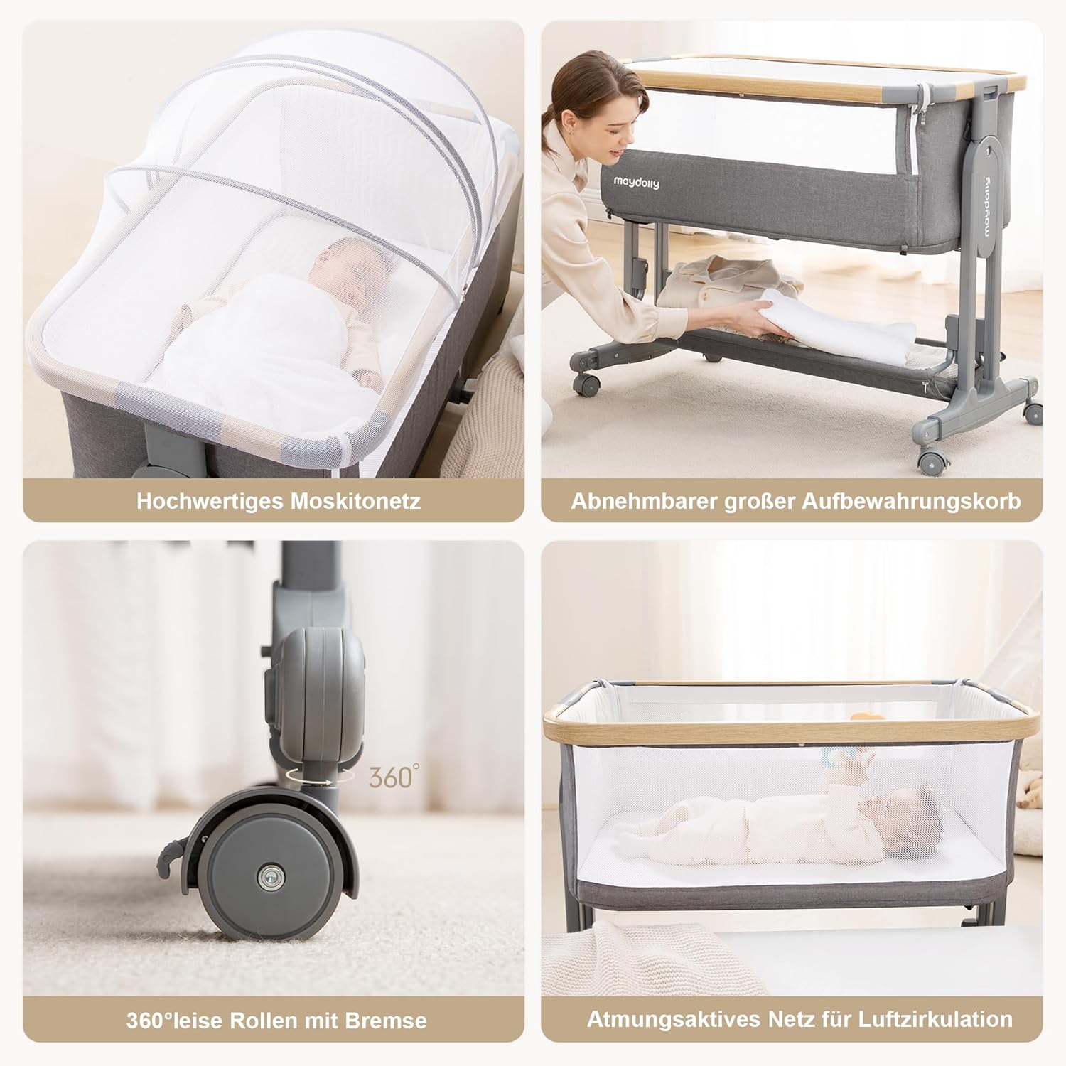 Maydolly Baby Beistellbett,3 in 1 Babybett mit Aufbewahrungskorb, Tragbare Krippe mit Rädern, Höhenverstellbar, Krippe mit Moskitonetz und Matratze für Säuglinge/Neugeborene,Grau