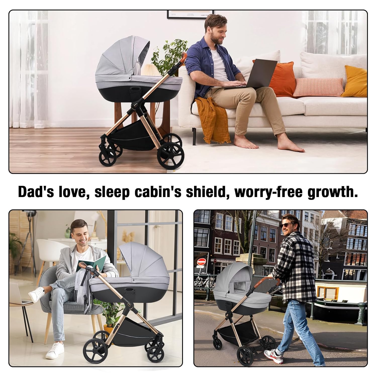 Sianldcone Passeggino 3 in 1, Set Passeggino con Tessuti di Alta Qualità, Sistemi di Viaggio con Spinta Reversibile, Passeggino Combinato a Vista Aperta Set Completo 3 in 1 (V9 Cachi)