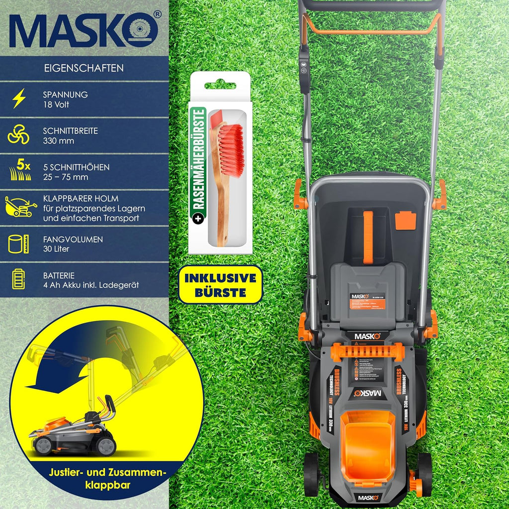 MASKO® Akku Rasenmäher mit Mulchfunktion inkl. 2X Akkus Li-Ion Batterie 4Ah & Doppel-Ladegerät – Rasentrimmer Schnittbreite 37cm, 6-fache 25-75mm Schnitthöhenverstellung Fangkorb 40L bis 600m² Flächen