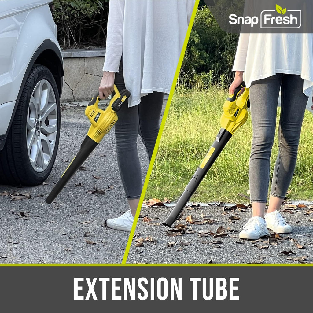 SnapFresh Soffiatore a Batteria 20V, Soffiatore Elettrico Senza Fili con Batteria e Caricabatterie - 210 km/h 240 m/h / 2 Velocità dell'Aria / Leggero Compatto 1,2 kg per Cura del Prato, Giardino, Cortile (Giallo)