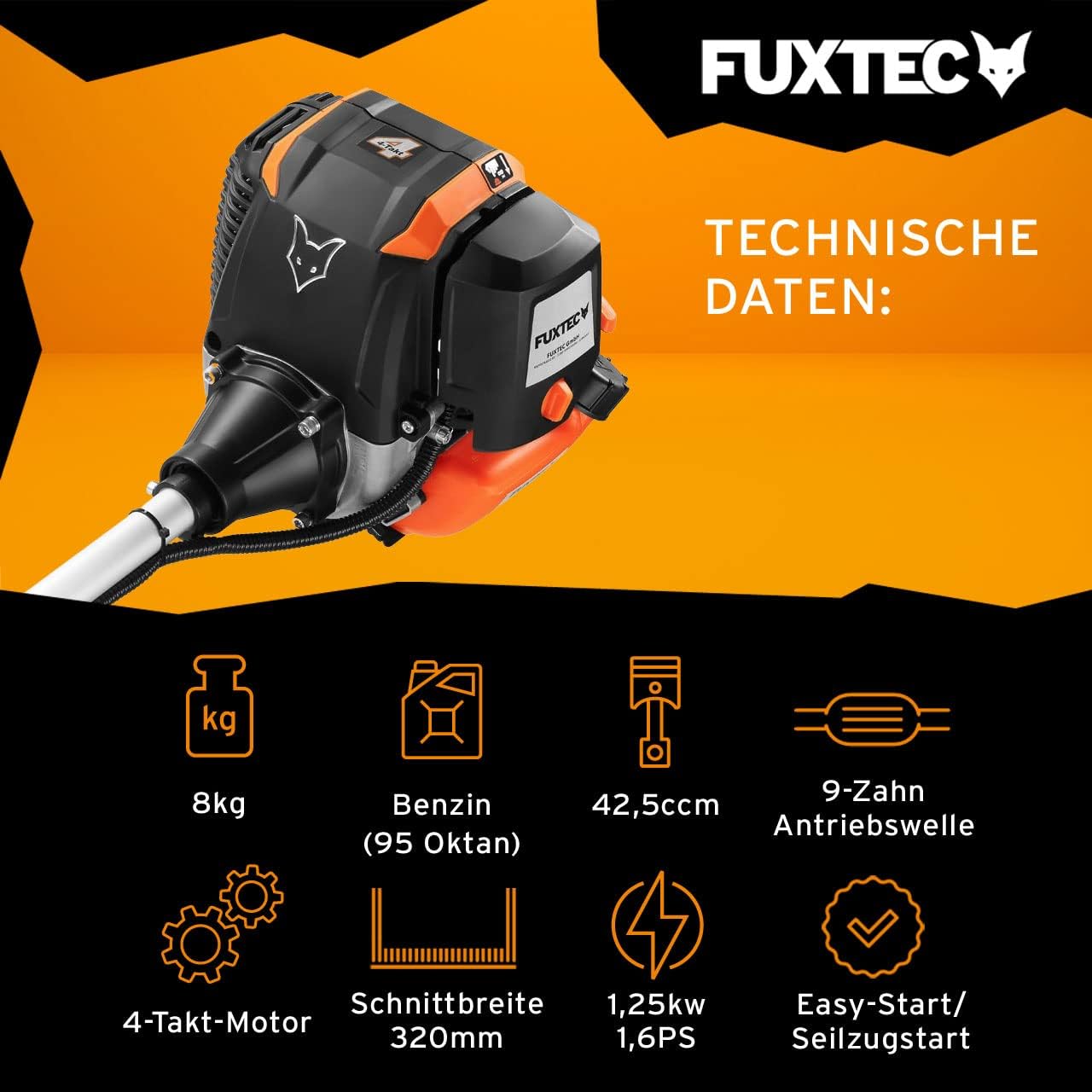 FUXTEC Decespugliatore a Benzina FX-4MS142, Tagliabordi con Motore a 4 Tempi, Cerchio di Taglio da 320 mm, Regolatore di Velocità e Easy-Starter, incl. Bobina/Cinghia Professionale