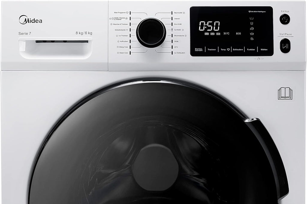 Lavasciuga Midea MF200D86WB-14EAS, 8/6kg lavaggio/asciugatura, Motore Inverter, Refresh, 60 min. Lavaggio e Asciugatura, Steam Care, Turbo Wash, 48 cm profondità, Controllo APP, AquaStop