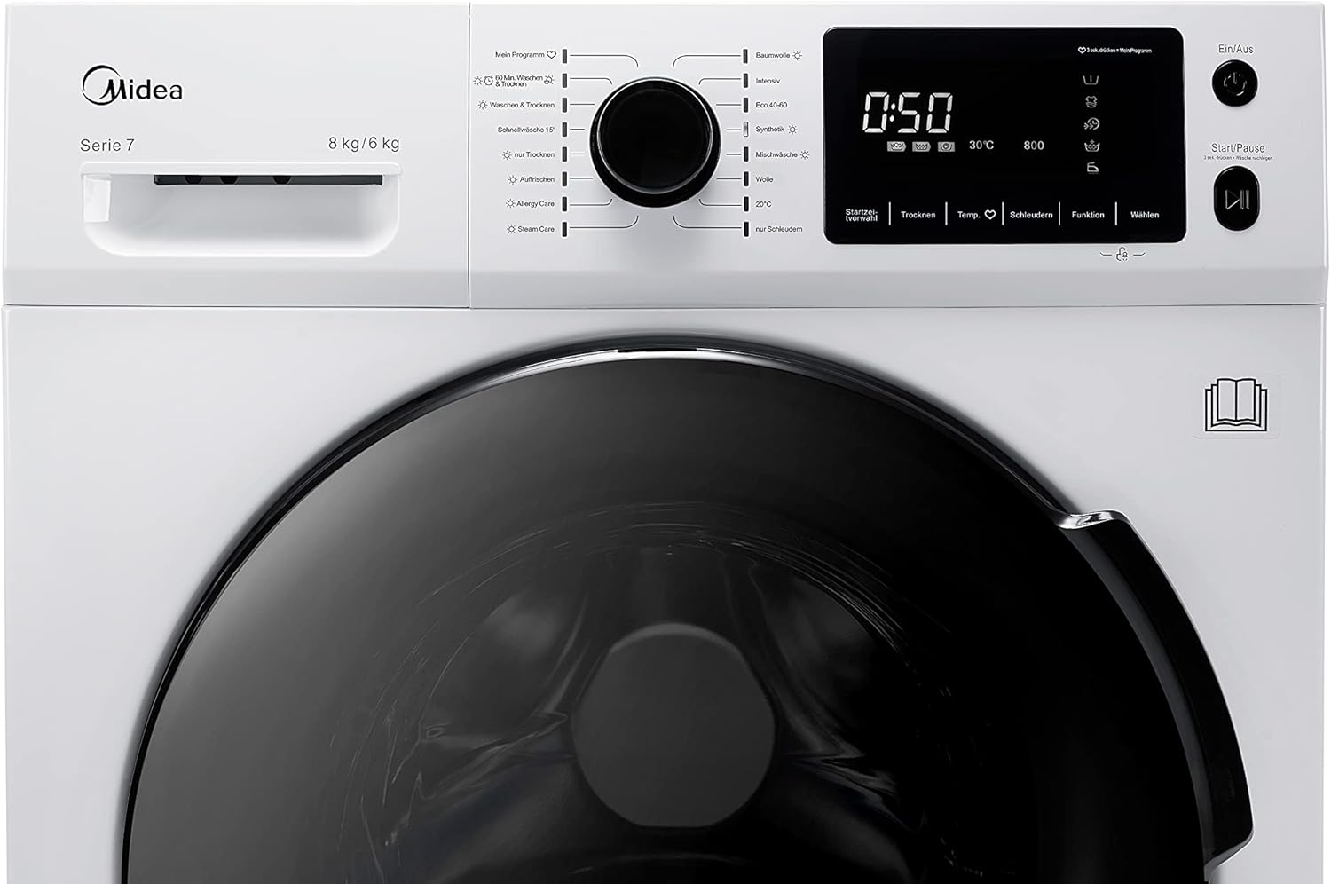Lavasciuga Midea MF200D86WB-14EAS, 8/6kg lavaggio/asciugatura, Motore Inverter, Refresh, 60 min. Lavaggio e Asciugatura, Steam Care, Turbo Wash, 48 cm profondità, Controllo APP, AquaStop