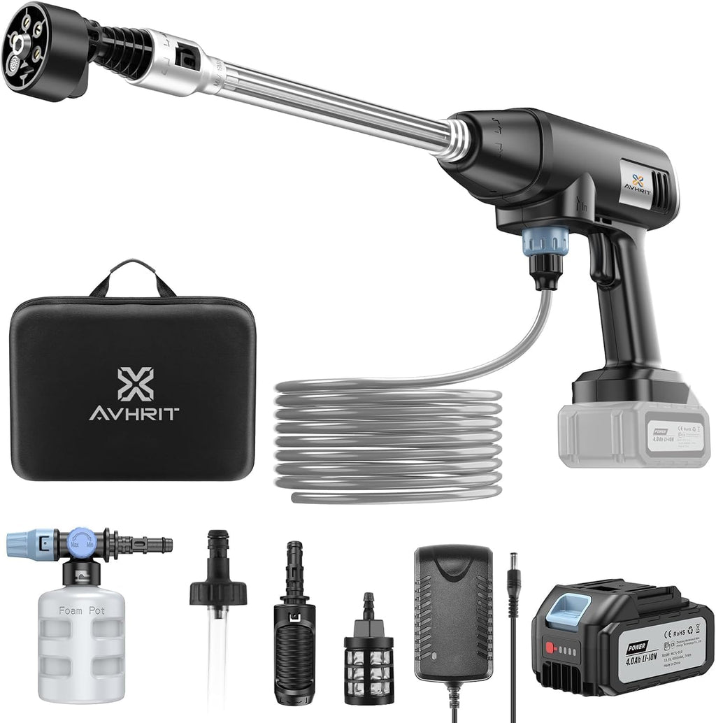 Avhrit Akku-Hochdruckreiniger, 800PSI Portable Power Cleaner mit wiederaufladbarer 4.0Ah Batterie 6-in-1 Düse, Handhochdruck-Auto-Waschpistole für Haus/Boden Reinigung Bewässerung