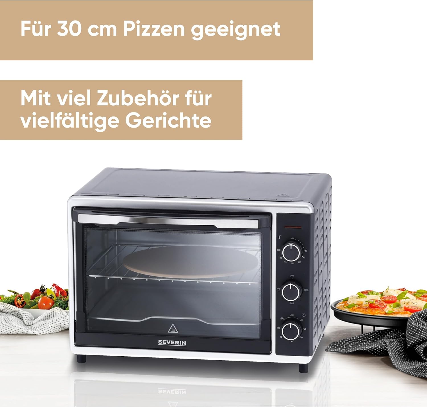 SEVERIN Forno e Tostapane con funzione ventilata, Mini Forno con griglia, teglia da forno, spiedo rotante e pietra per pizza, forno ventilato versatile con capacità di 42 L, 1.800 W, nero, TO 2058
